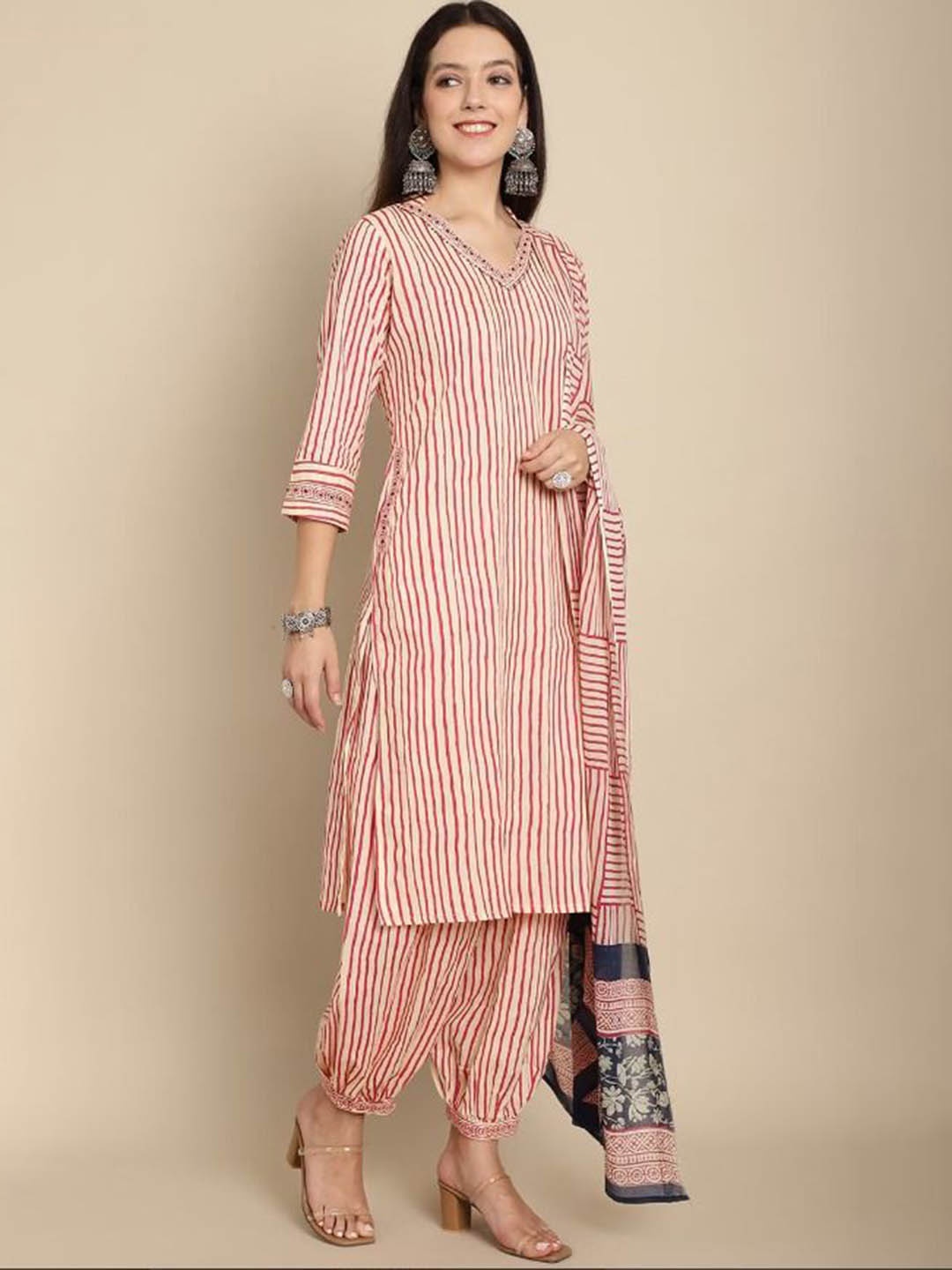 

Lookmark Striped V-Neck Straight Kurta With Salwar And Dupatta, Red