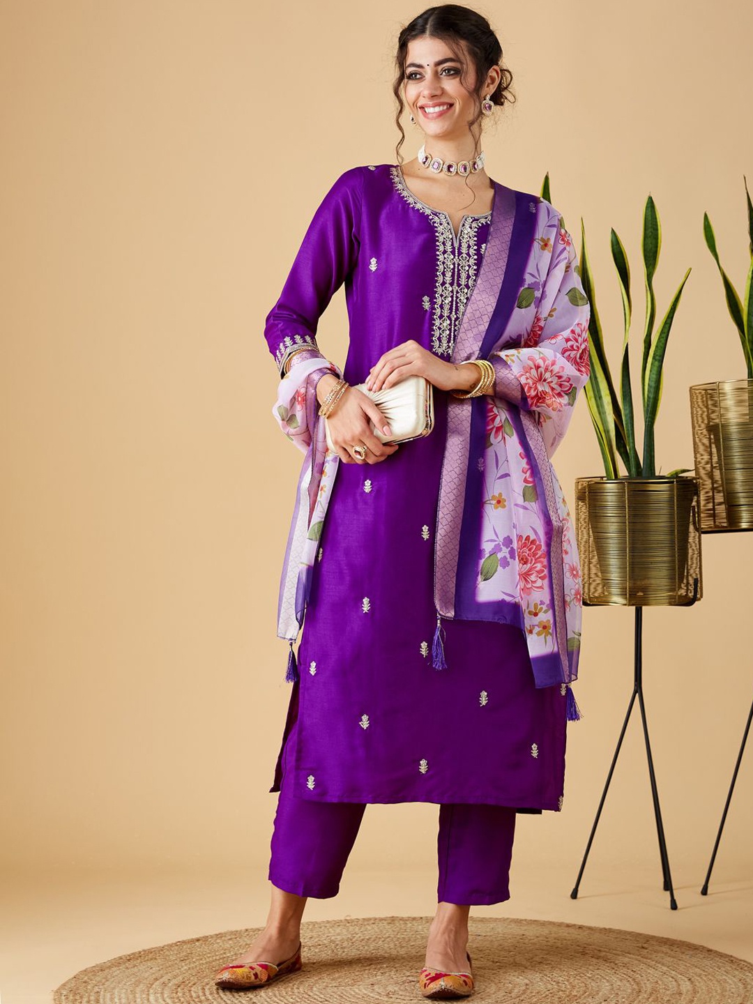 

MOKOSH Floral Embroidered Notch Neck Straight Kurta With Trousers And Dupatta, Violet