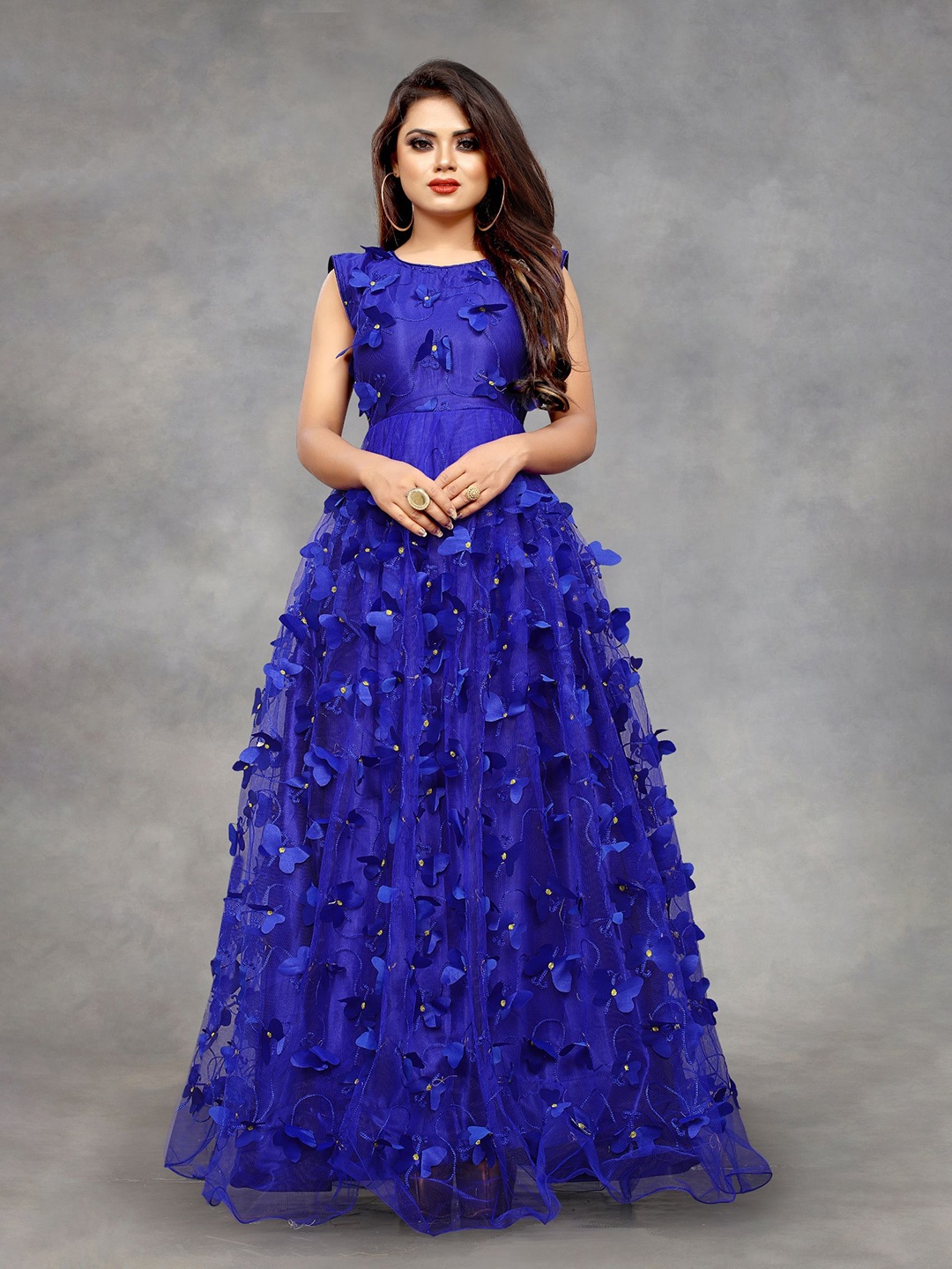 

A TO Z CART Women Floral Applique Net Gown Maxi Dress, Blue