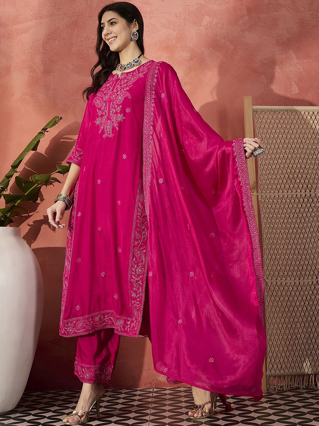 

Sangria Embroidered Straight Round Neck Kurta & Trousers With Dupatta, Pink