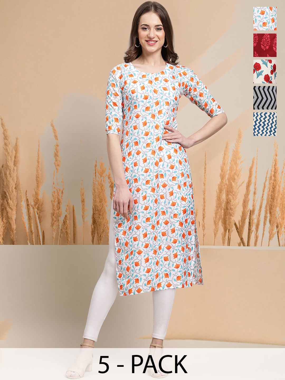 

7Threads Selection Of 5 Floral Printed Round Neck Straight Kurtas, White