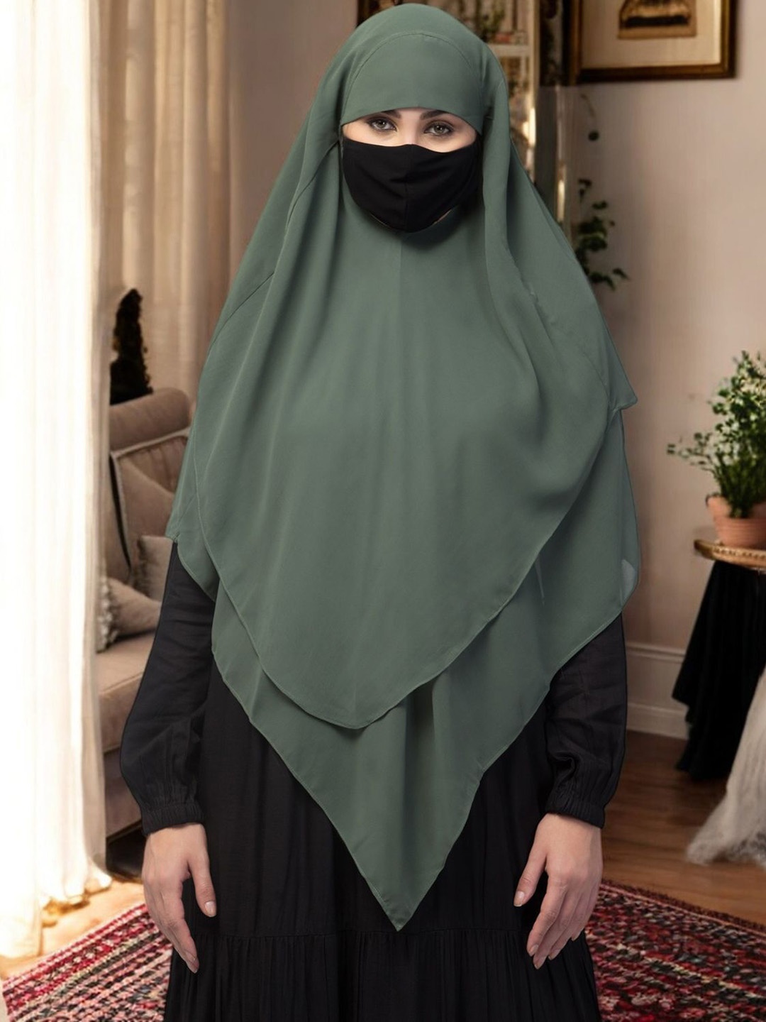 

MUSHKIYA Women Solid Layered Triangular Instant Hijab Khimar Burqa, Green