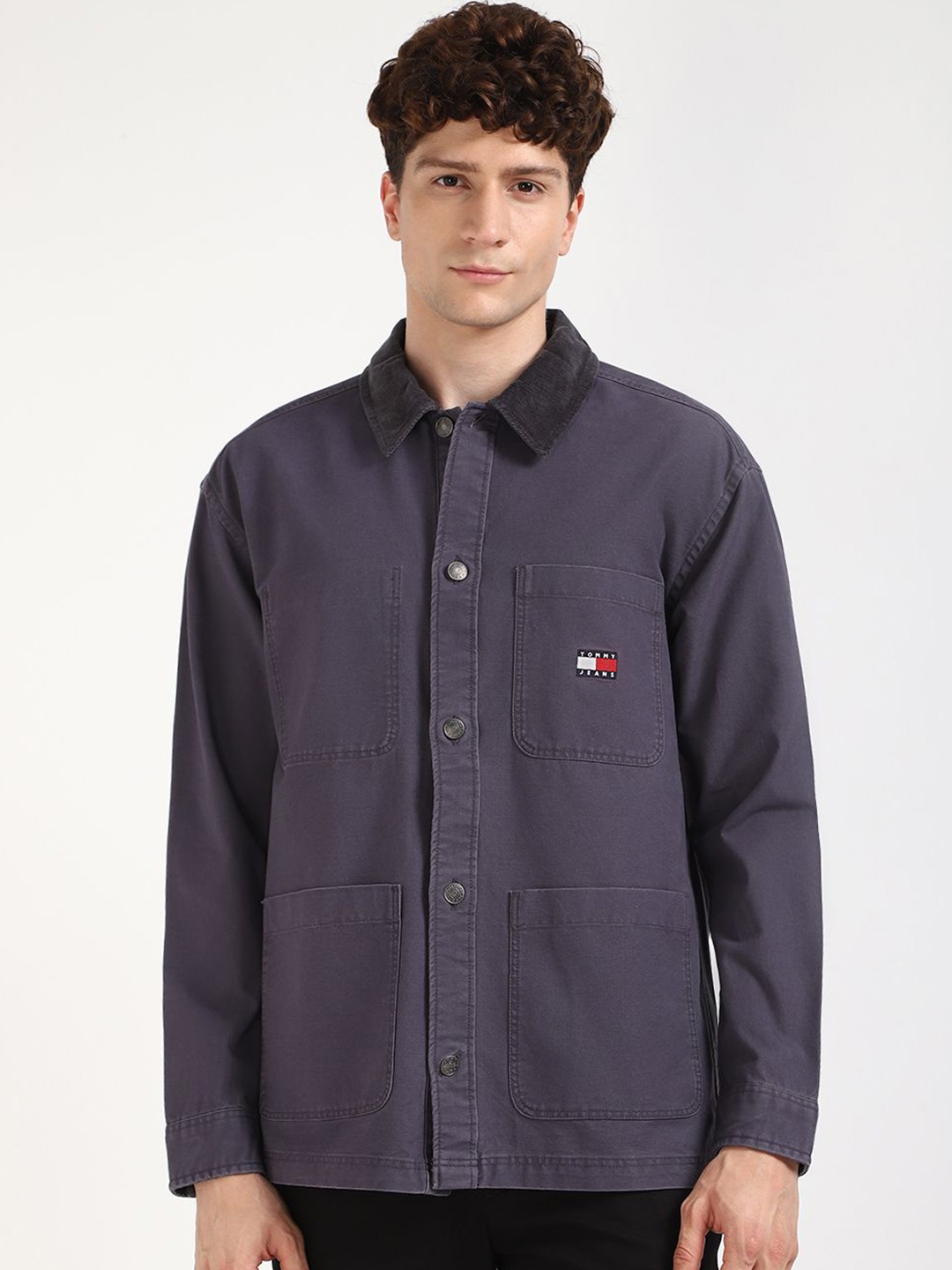 

Tommy Hilfiger Men Solid Spread Collar Oversized Cotton Shacket, Purple