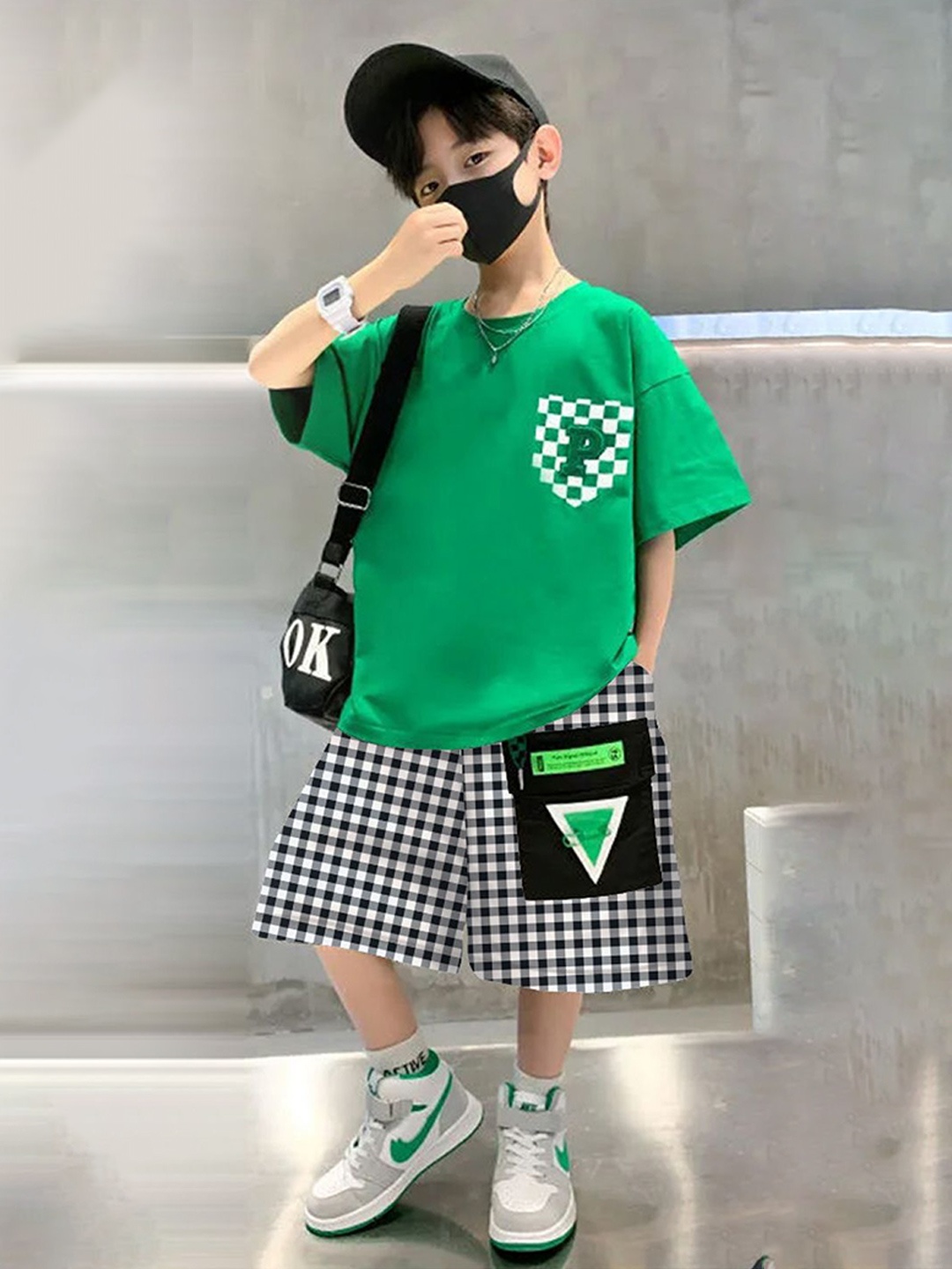 

BILLYBALL Kids Printed Round Neck Pure Cotton T-Shirt With Shorts, Green