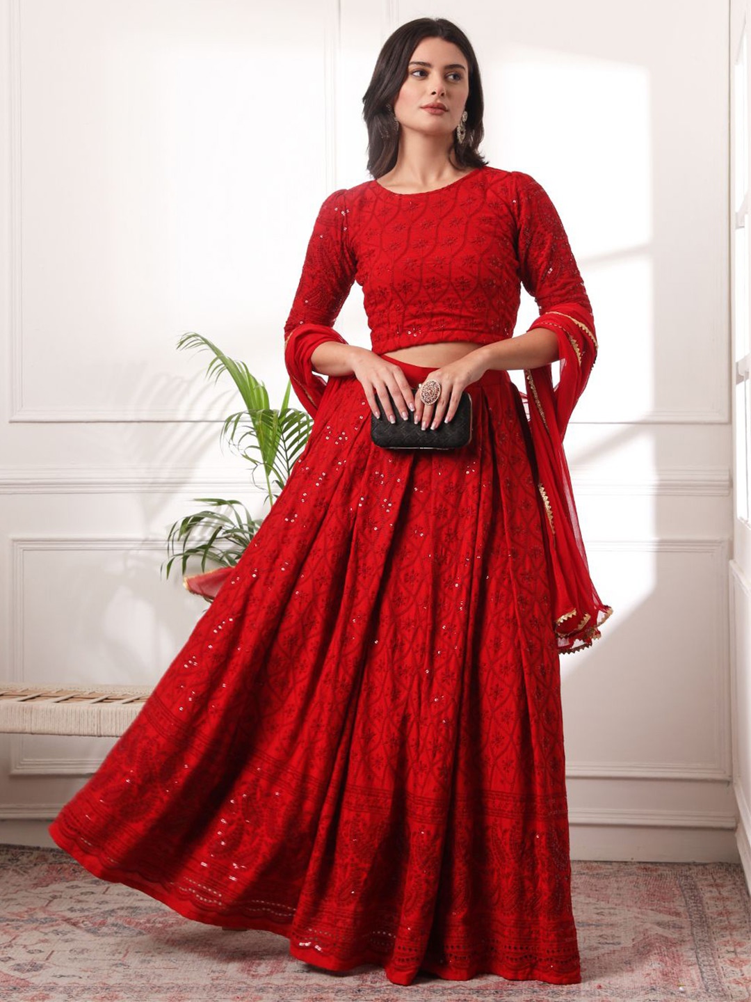 

KALINI Embroidered Sequinned Ready to Wear Lehenga & Blouse With Dupatta, Red