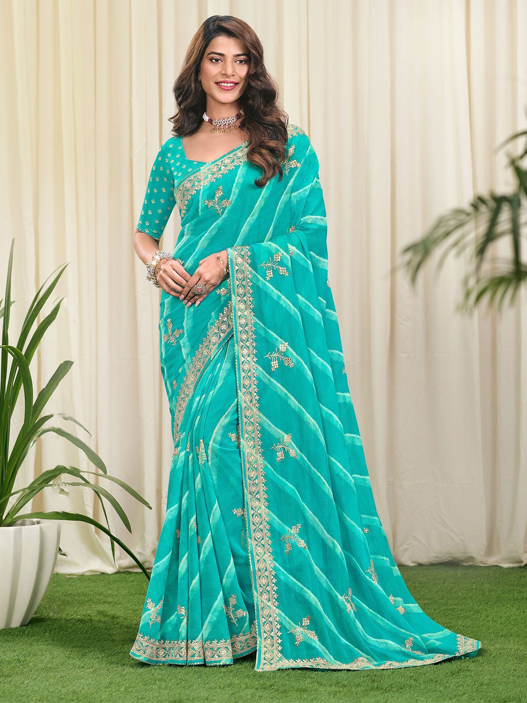 

Laxmipati Leheriya Embroidered Designer Leheriya Saree, Blue