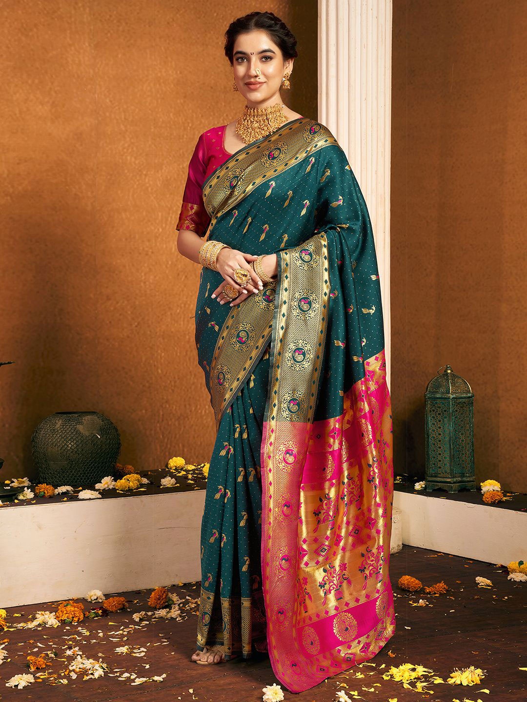 

KALINI Ethnic Motifs Woven Design Zari Paithani Saree, Green