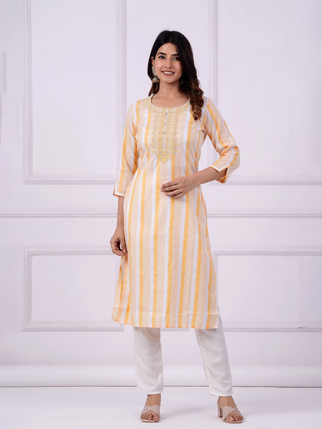 

SHAGUNA'S Women Embellished Striped Kurti, Yellow