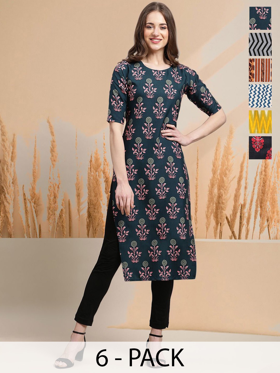

7Threads Selection Of 6 Floral Printed Round Neck Straight Kurtas, Blue