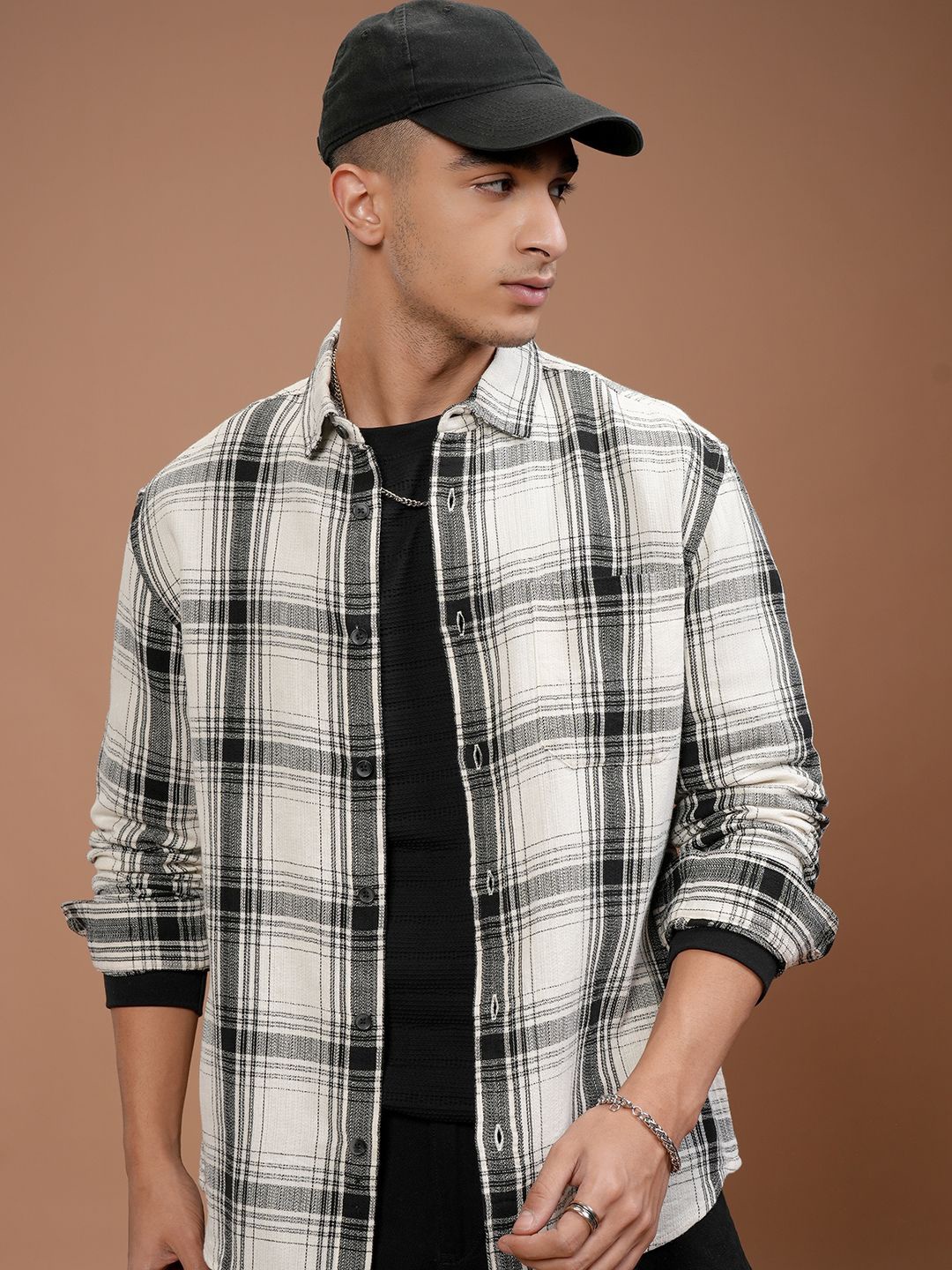 

HIGHLANDER Men Relaxed Fit Spread Collar Tartan Checked Cotton Casual Shirt, White