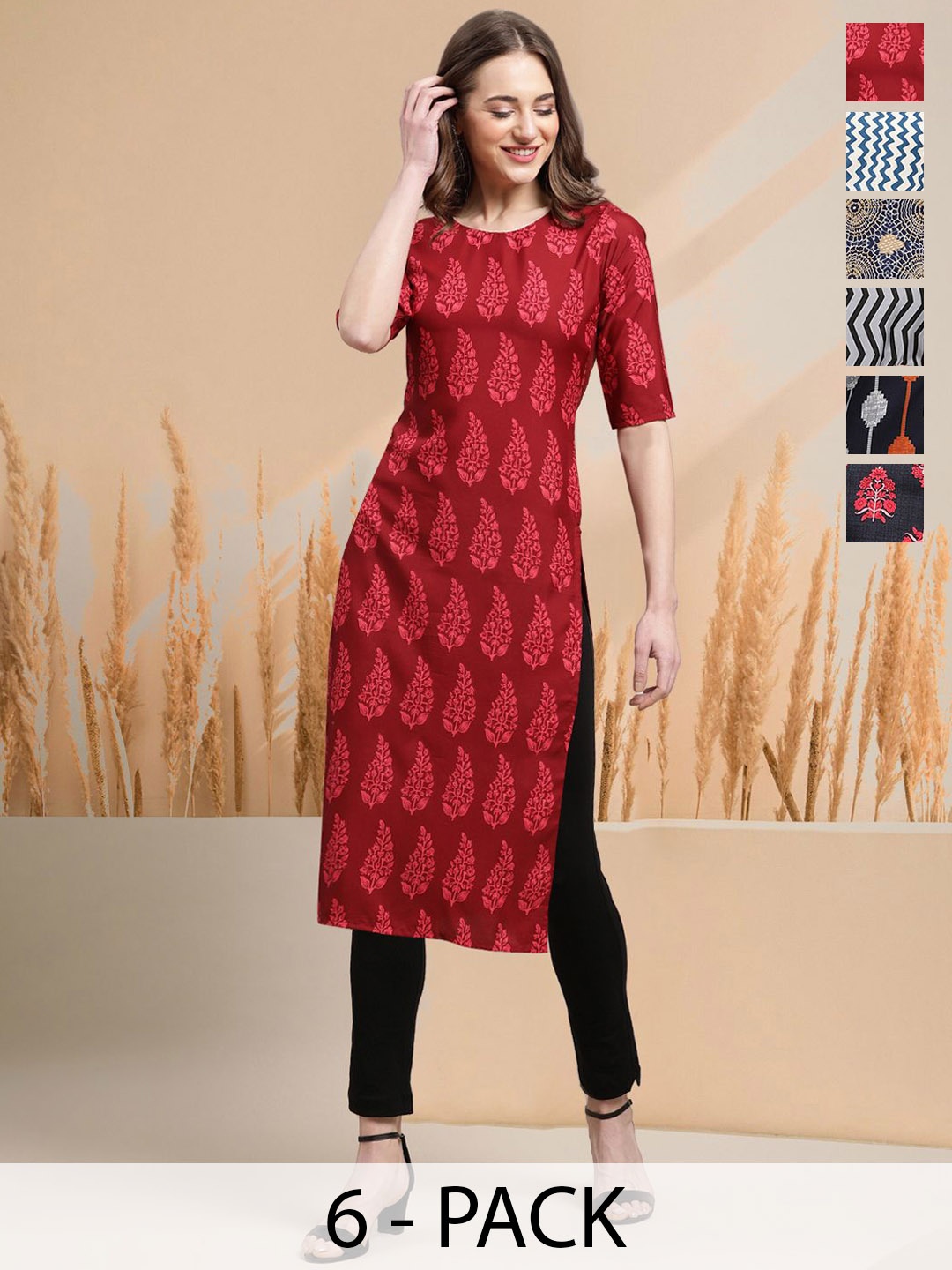 

7Threads Selection of 6 Floral Printed Round Neck Straight Kurtas, Red