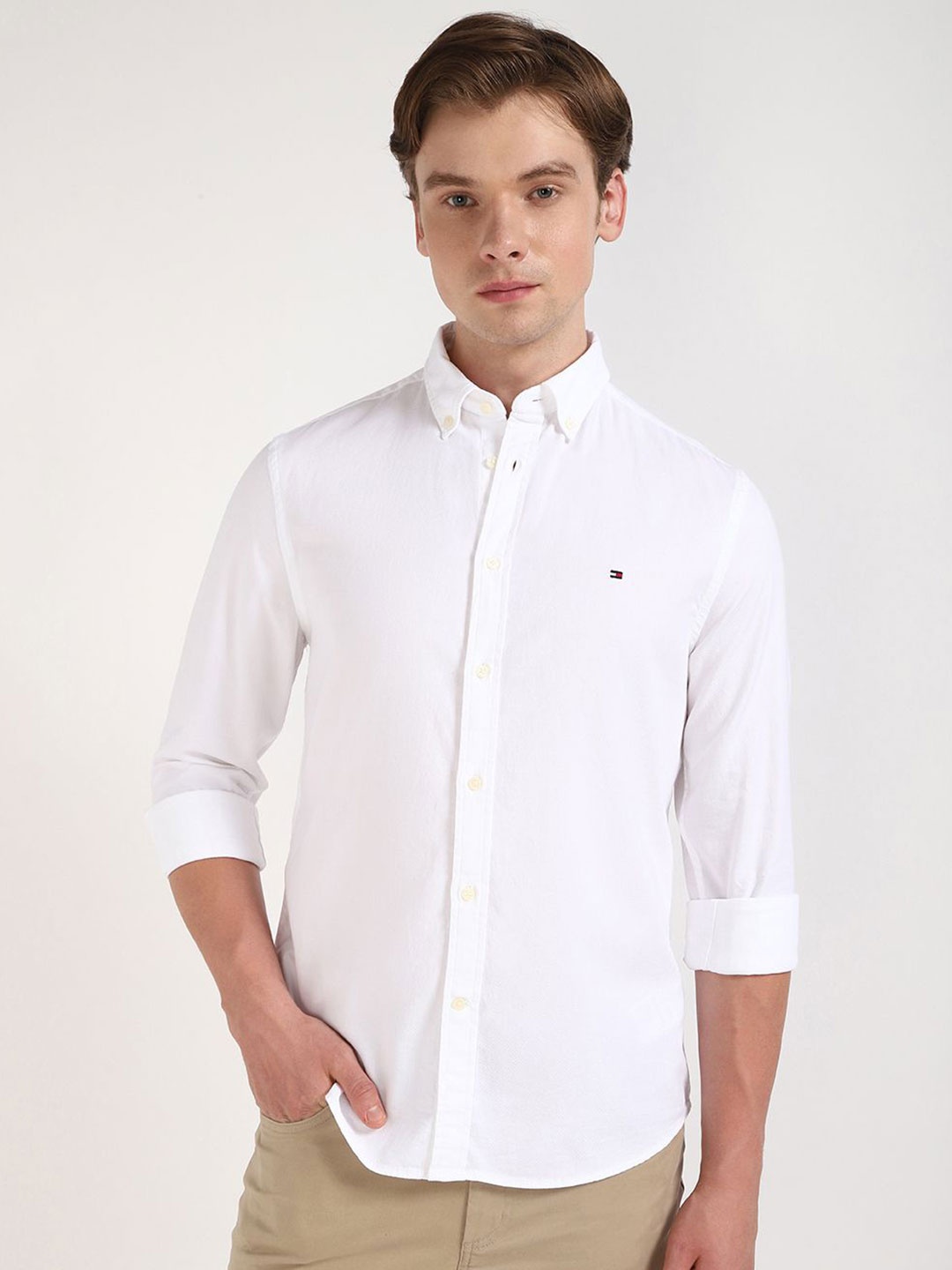 

Tommy Hilfiger Men Slim Fit Button-Down Collar Textured Cotton Casual Shirt, White