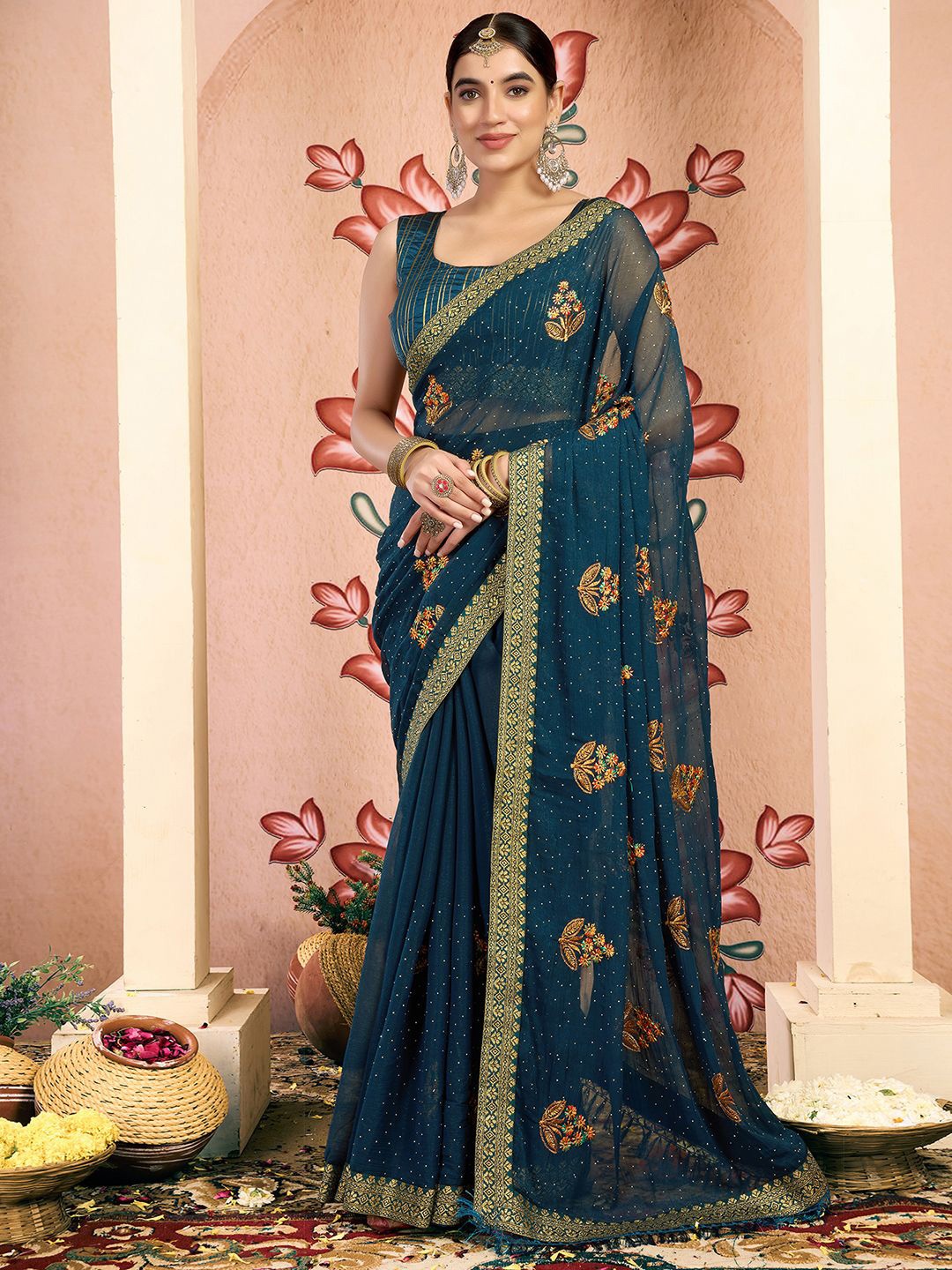 

KALINI Floral Embroidered Pure Georgette Saree, Teal