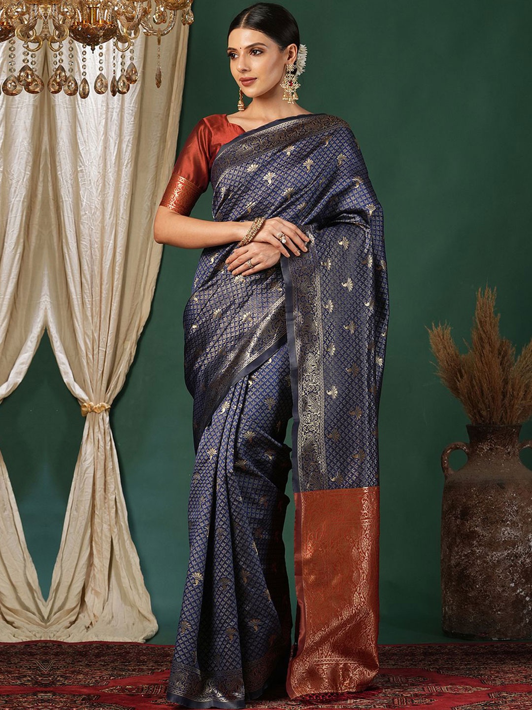 

KALINI Ethnic Motifs Zari Banarasi Saree, Blue