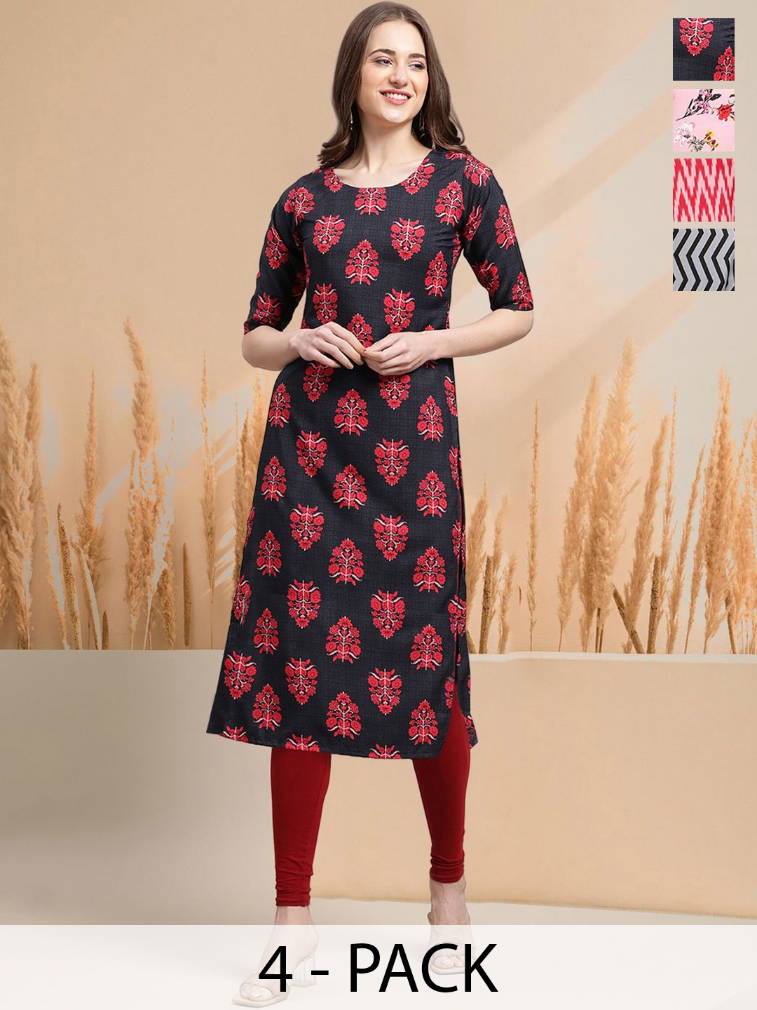 

7Threads Selection Of 4 Floral Printed Round Neck Straight Kurtas, Navy blue
