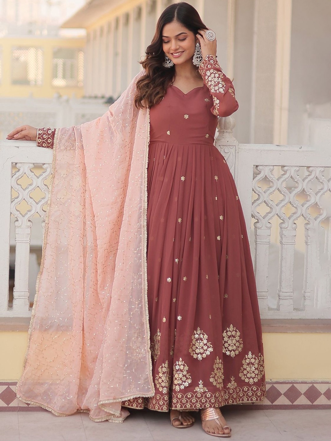 

Fusionic Sequined Embroidered Gown With Dupatta, Brown