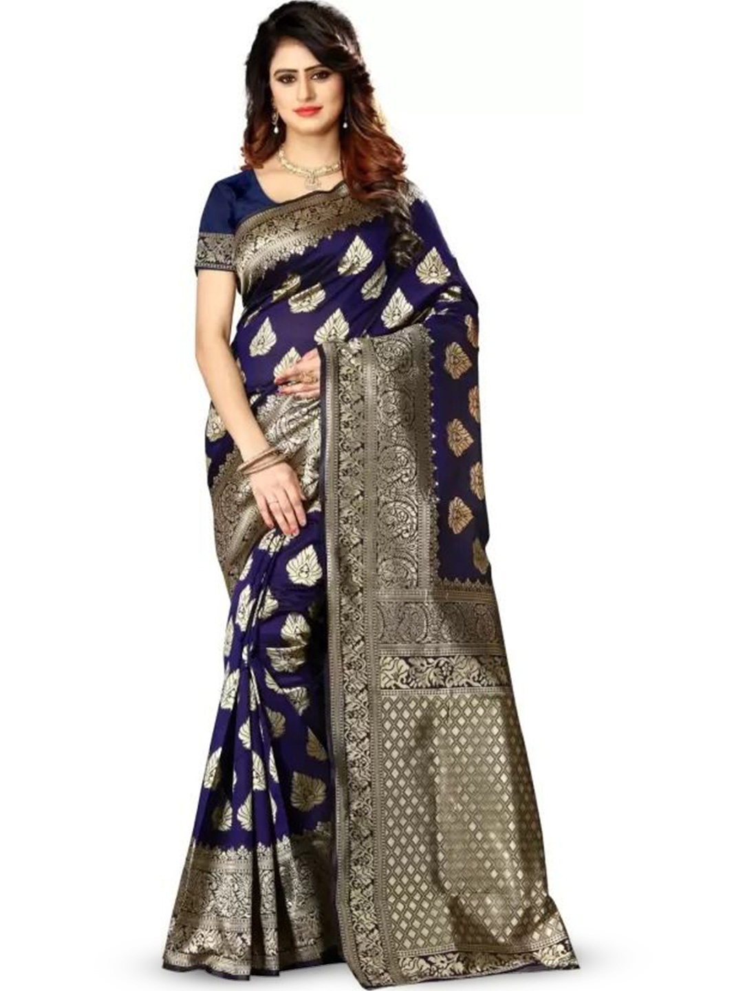 

Florence Woven Design Zari Pure Silk Kanjeevaram Saree, Navy blue