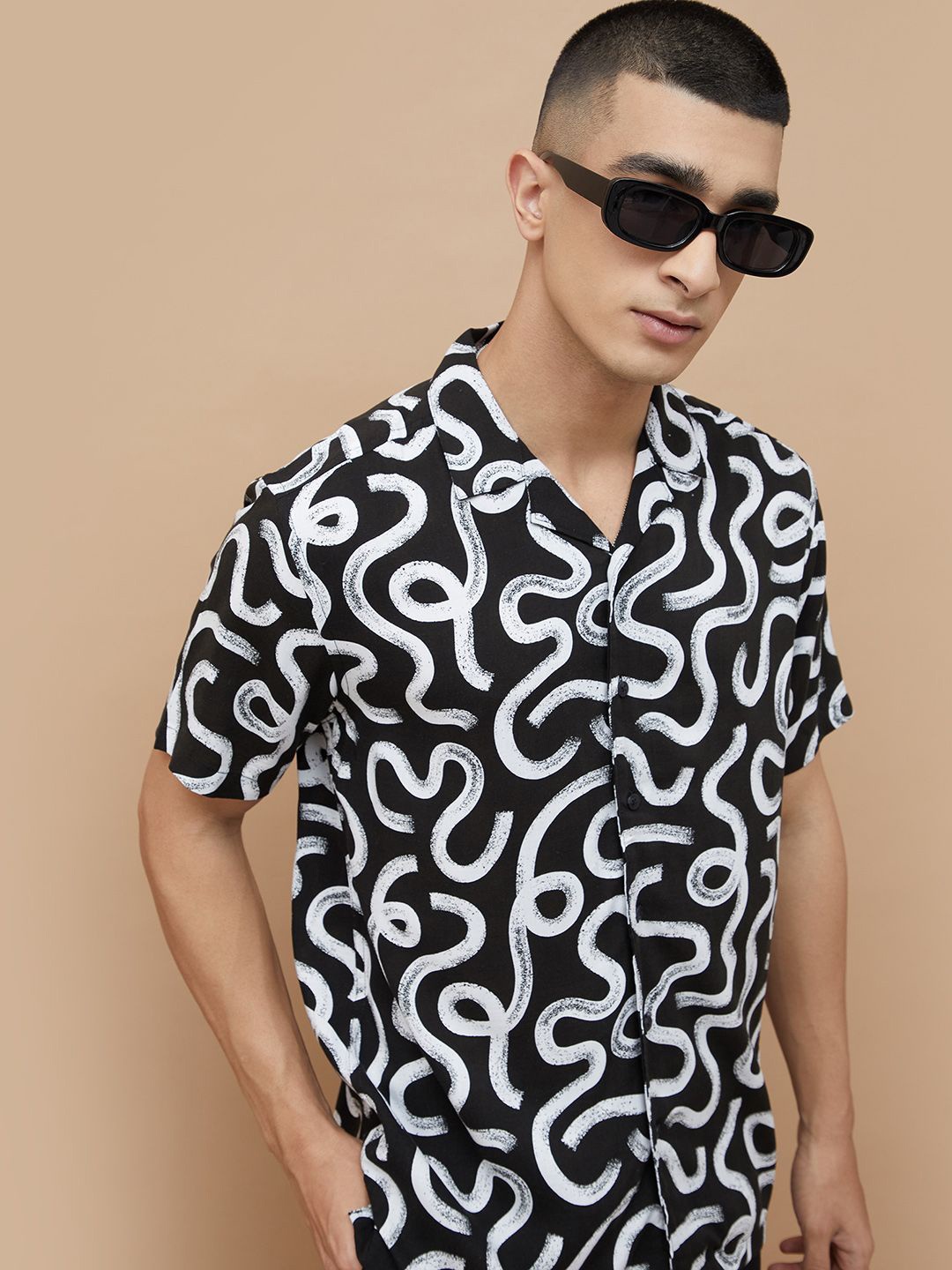 

Fame Forever by Lifestyle Men Cuban Collar Geometric Printed Casual Shirt, Black