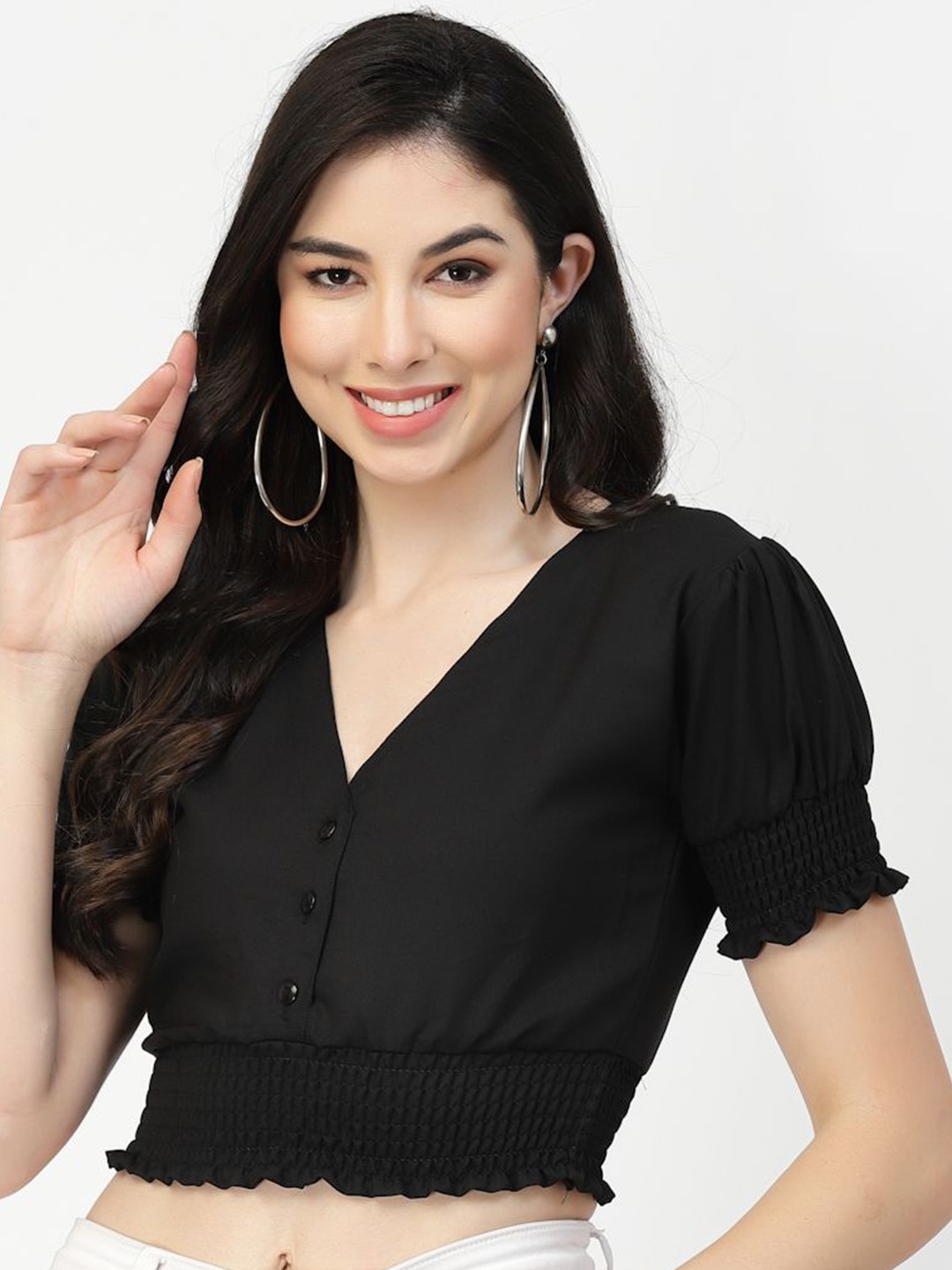 

DELIS Puff Sleeve Monochrome Georgette Crop Top, Black
