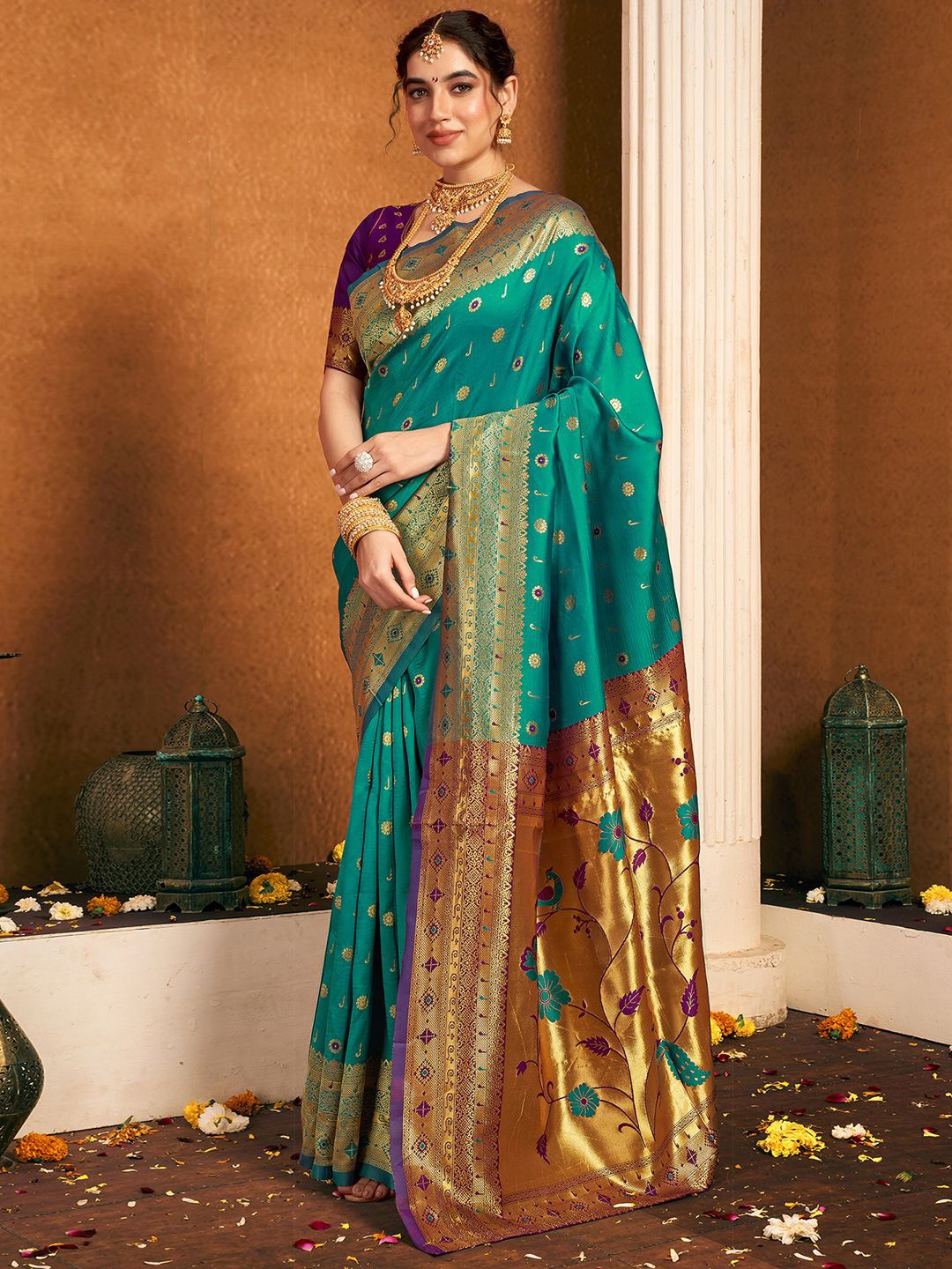 

KALINI Ethnic Motifs Woven Design Zari Paithani Saree, Green