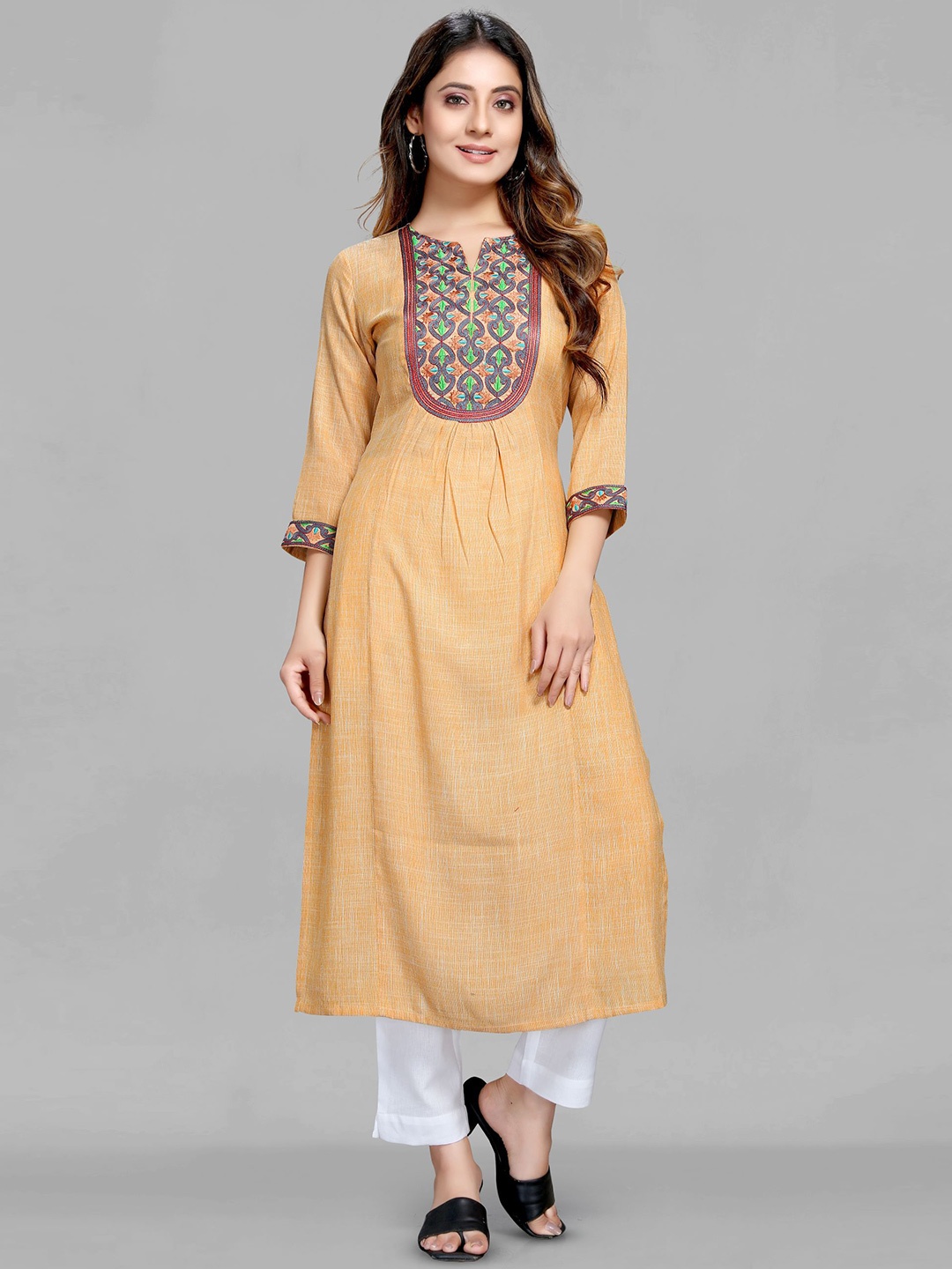 

Krimmple Yoke Design Thread Work Kurta, Beige