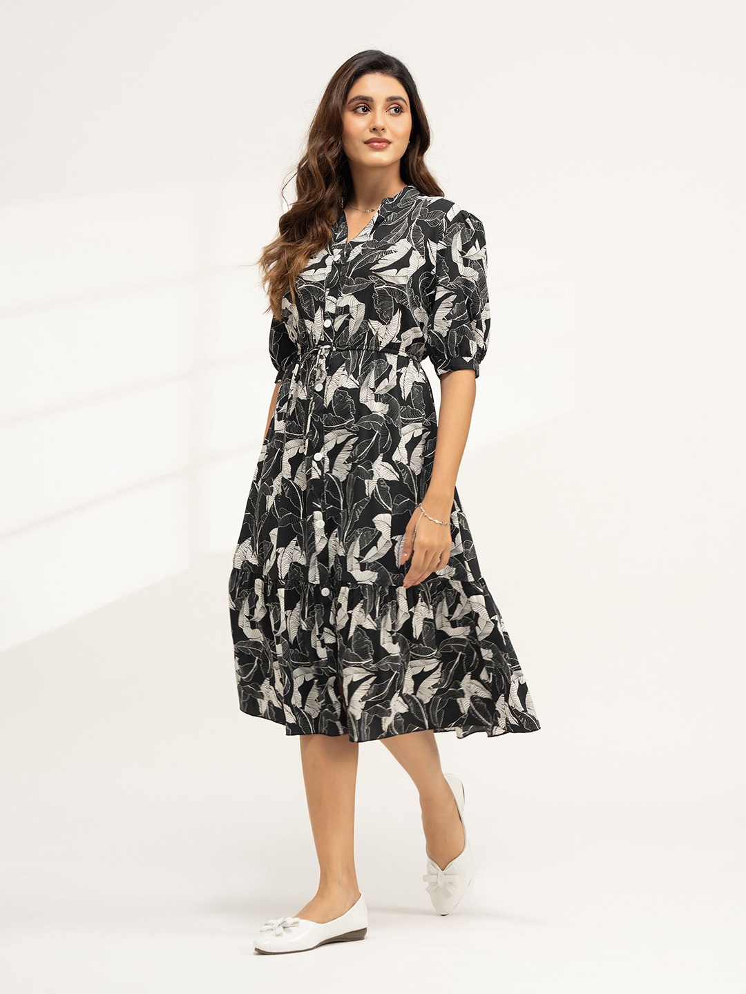 

DressBerry Crepe Puff Sleeves Fit & Flare Dress, Black