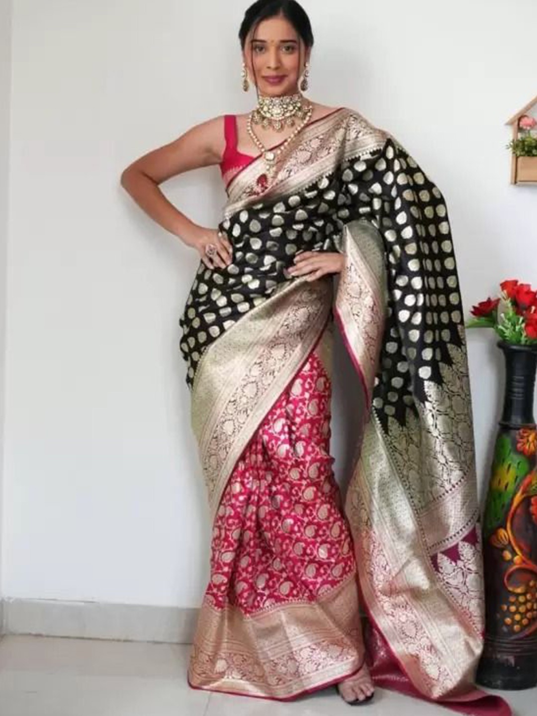 

A TO Z CART Woven Design Zari Pure Silk Banarasi Saree, Black