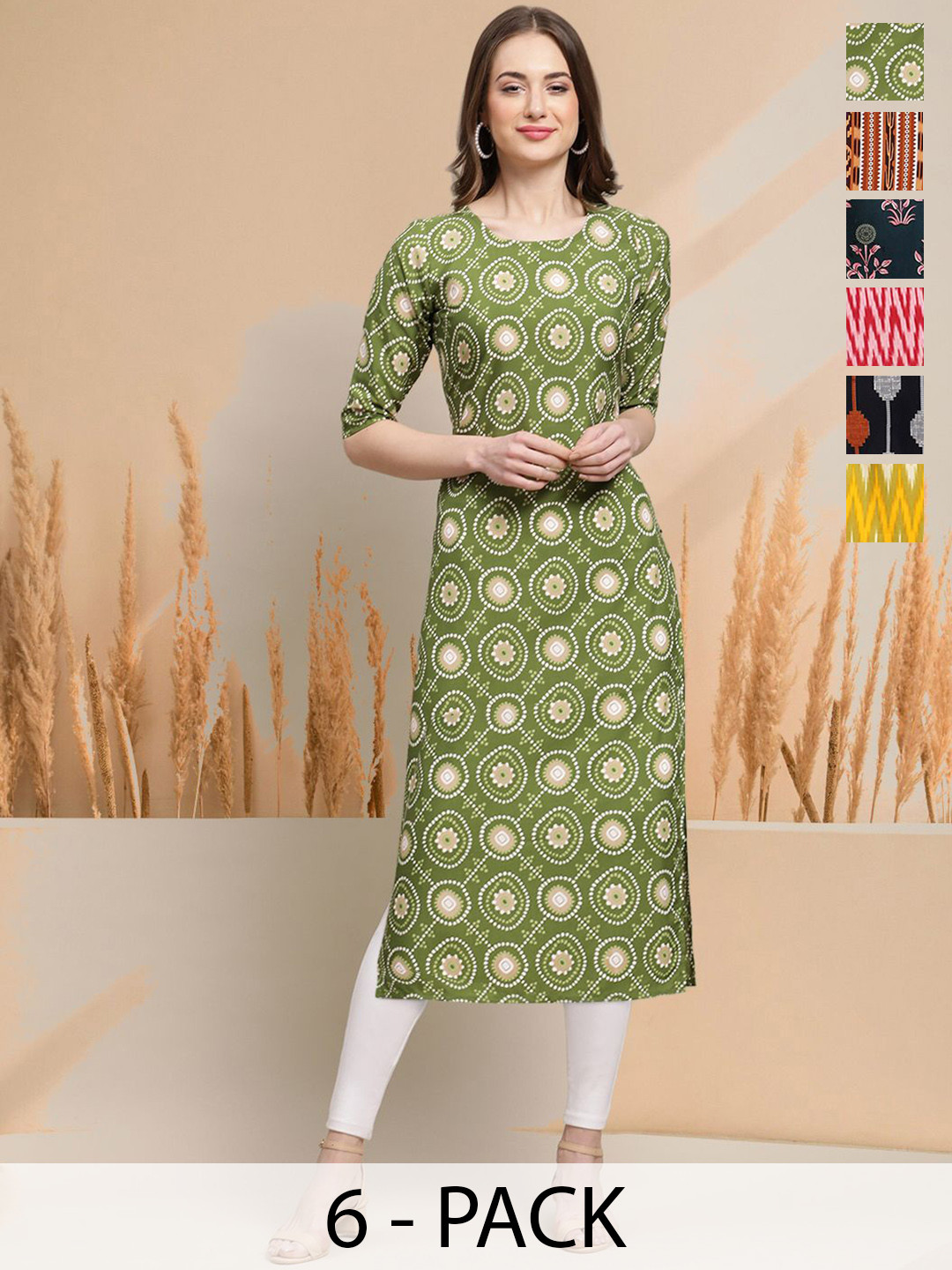 

7Threads Selection Of 6 Ethnic Motifs Printed Round Neck Straight Kurtas, Olive