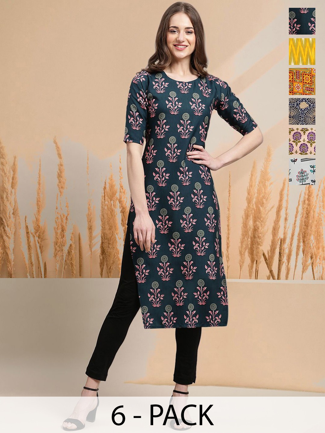 

7Threads Selection Of 6 Floral Printed Round Neck Kurta, Navy blue
