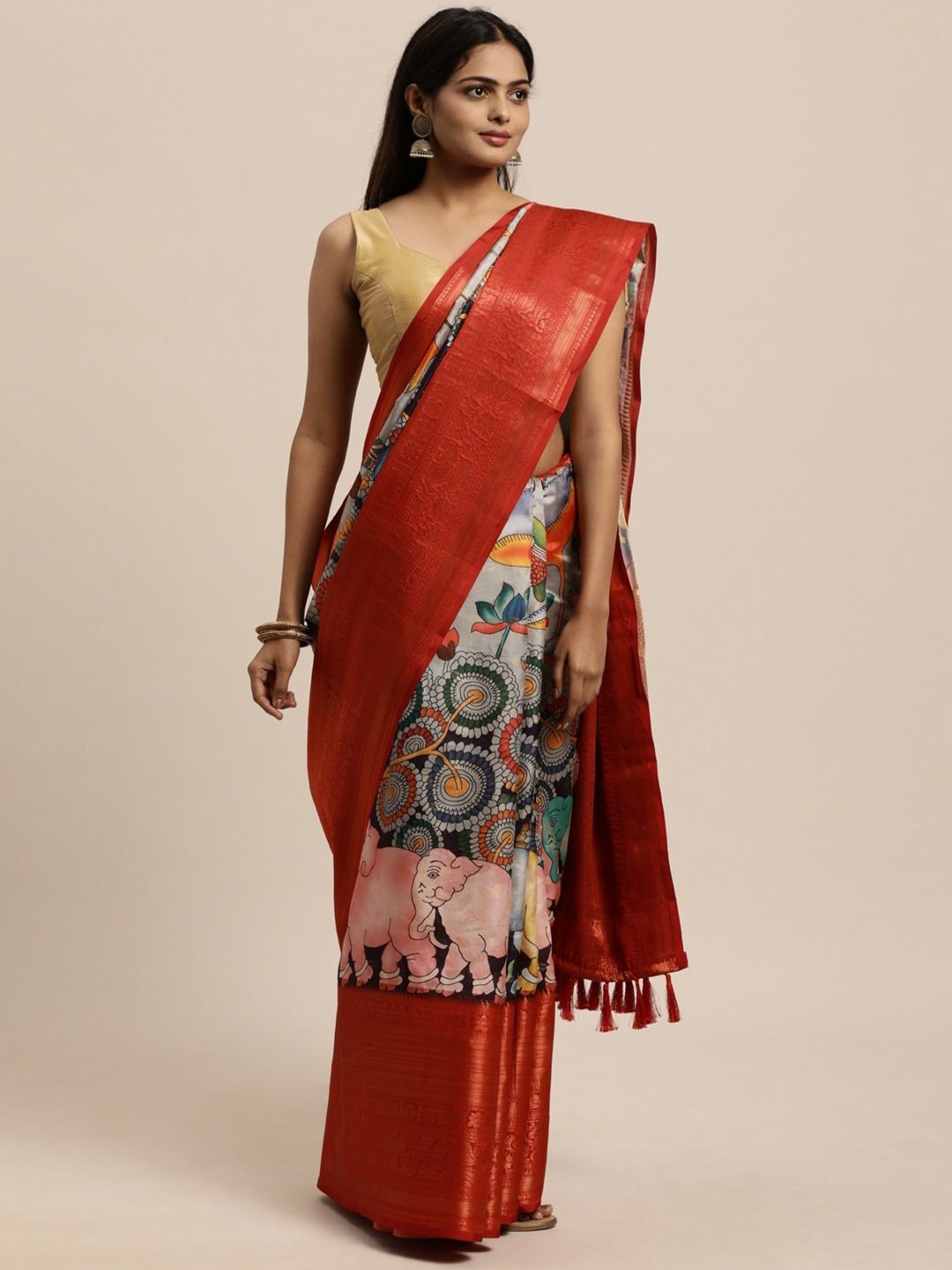 

ZIBLON Kalamkari Printed Zari Kanjeevaram Saree, Red