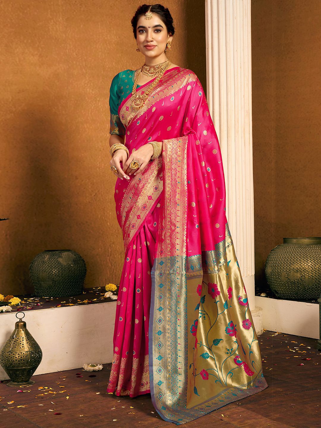 

KALINI Woven Design Zari Paithani Saree, Pink