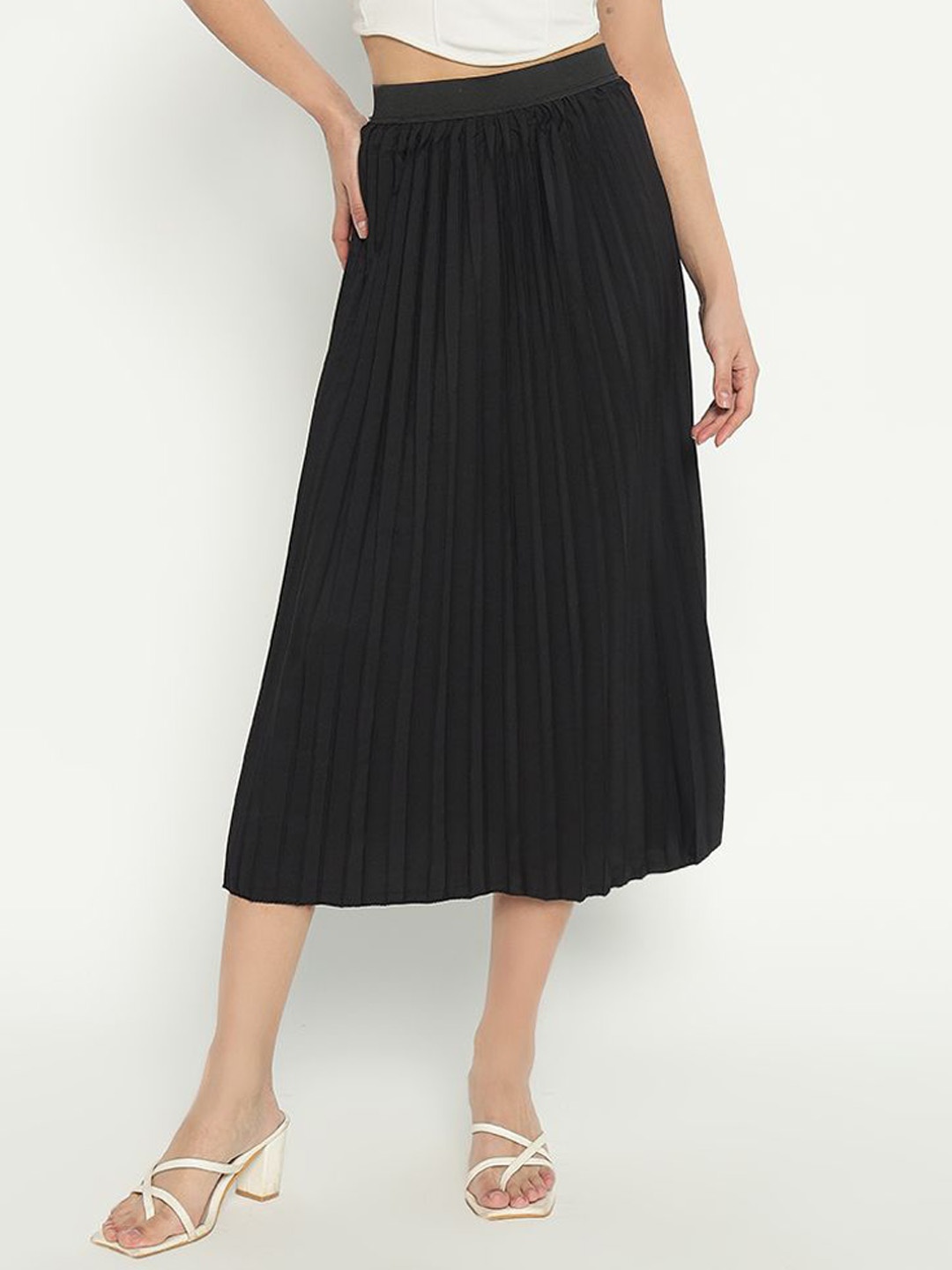 

Femvy Women Pleated Midi A-Line Skirt, Black