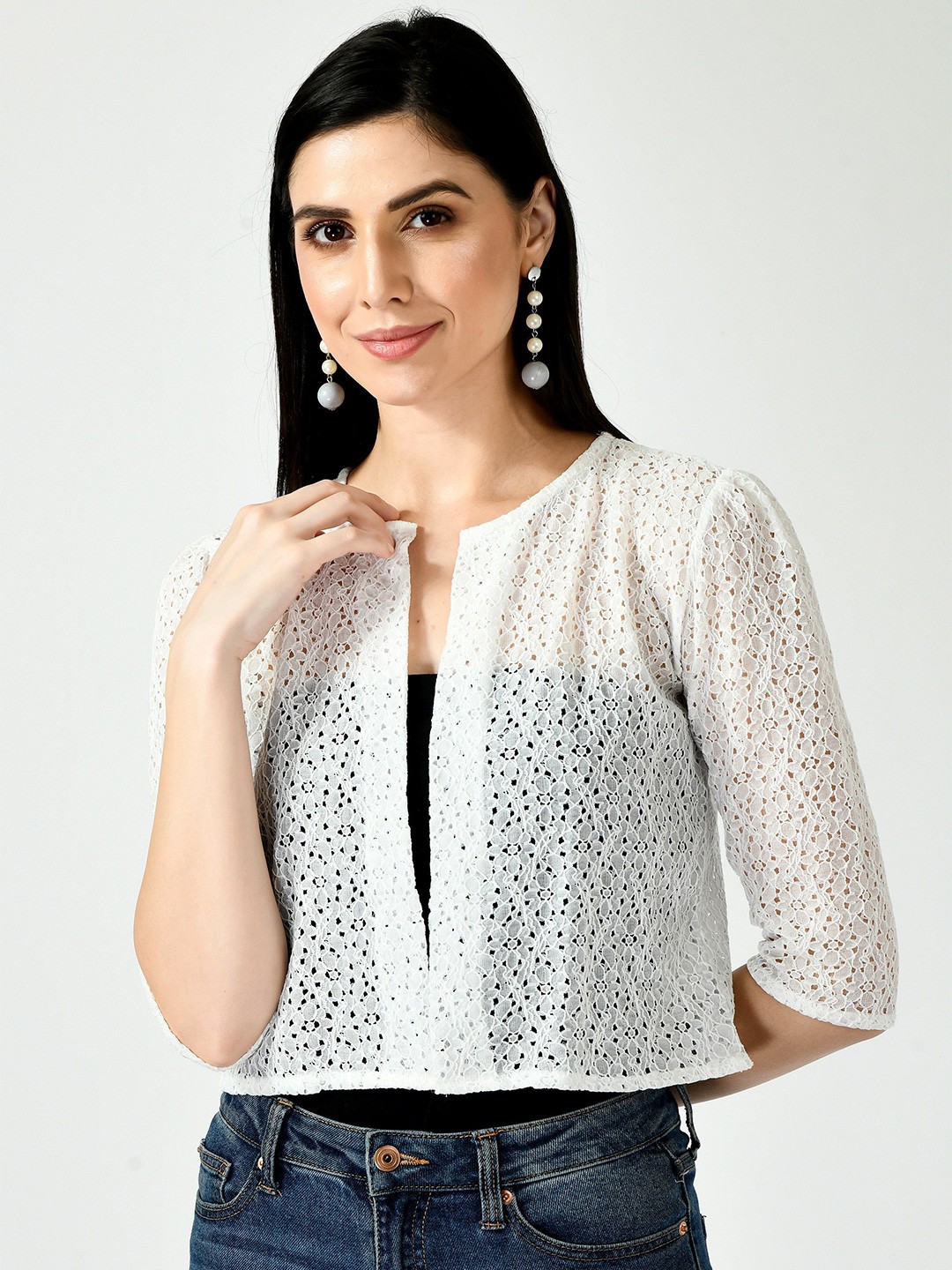 

RAYWARE Women Printed Crop Shrug, White