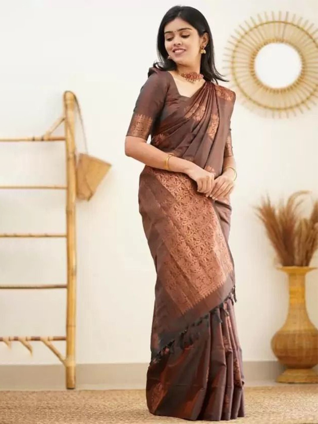 

Florence Woven Design Zari Pure Silk Kanjeevaram Saree, Brown