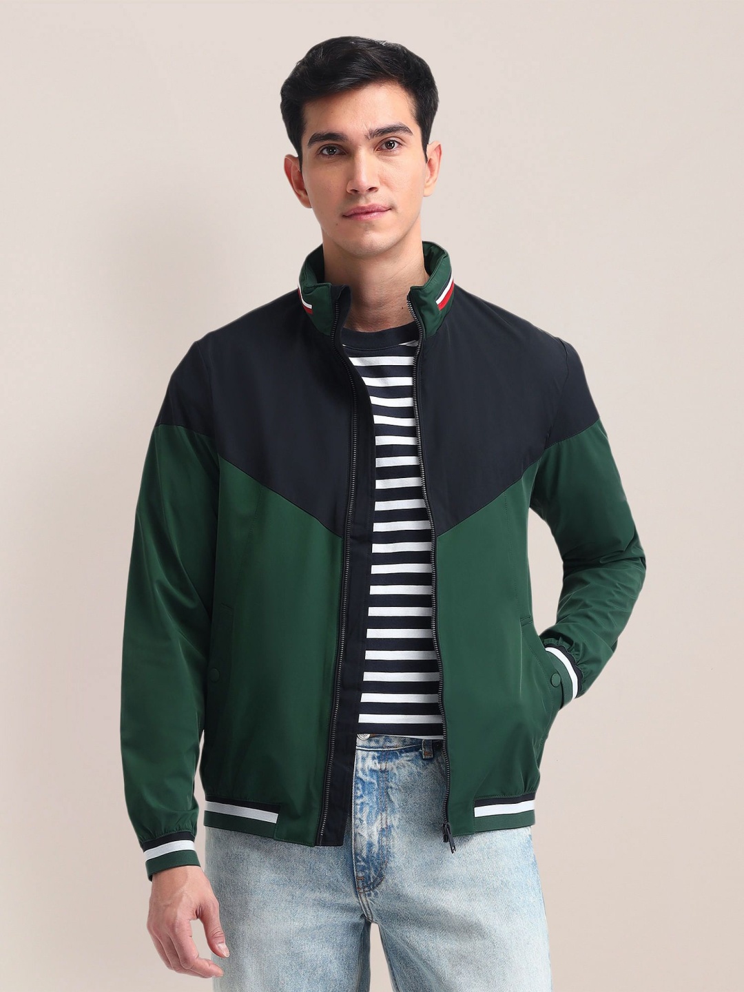 

U.S. Polo Assn. Men Mock Collar Colourblocked Casual Bomber Jacket, Navy blue