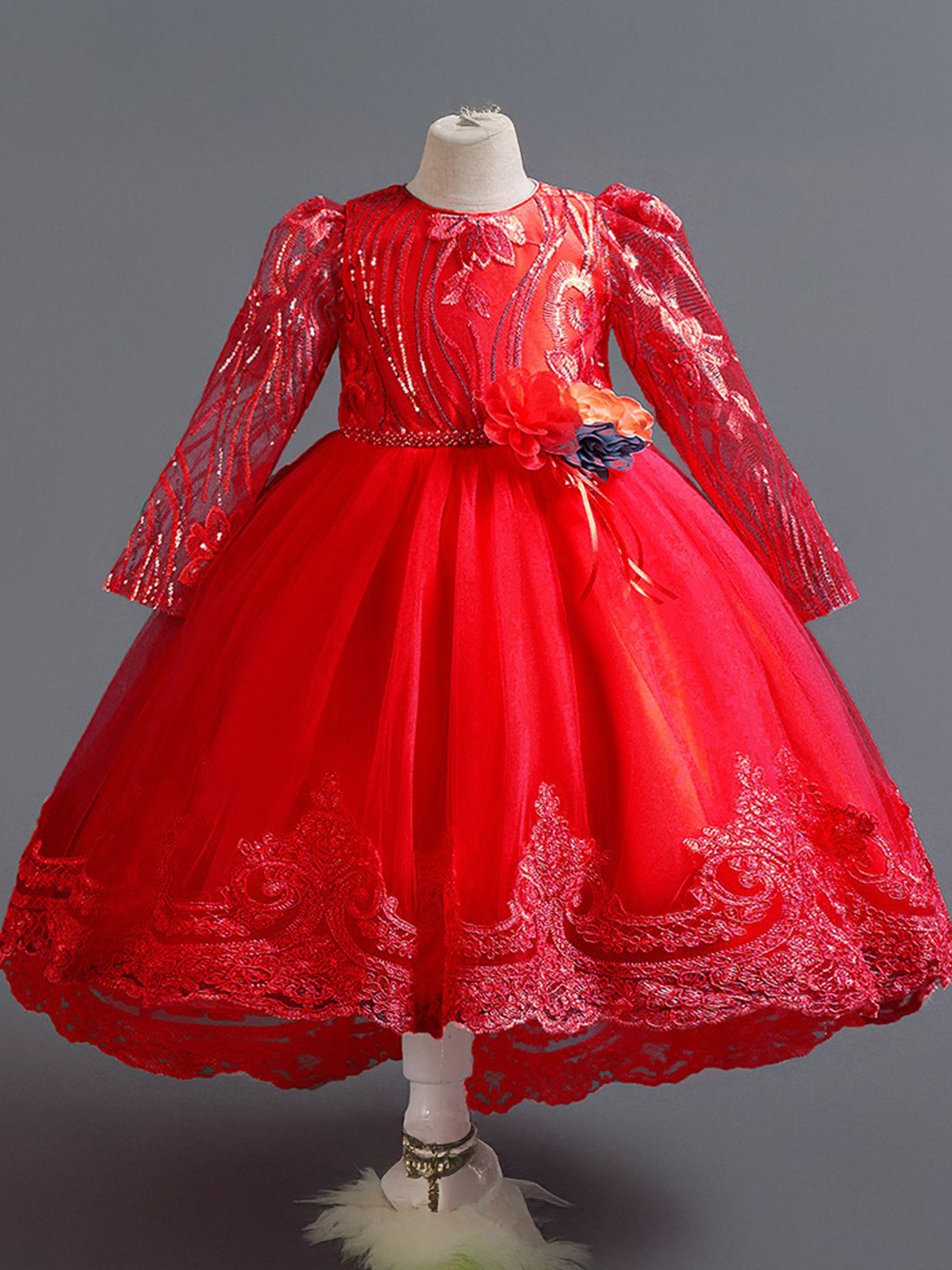 

Xsole Girls Self Design Maxi Dress, Red