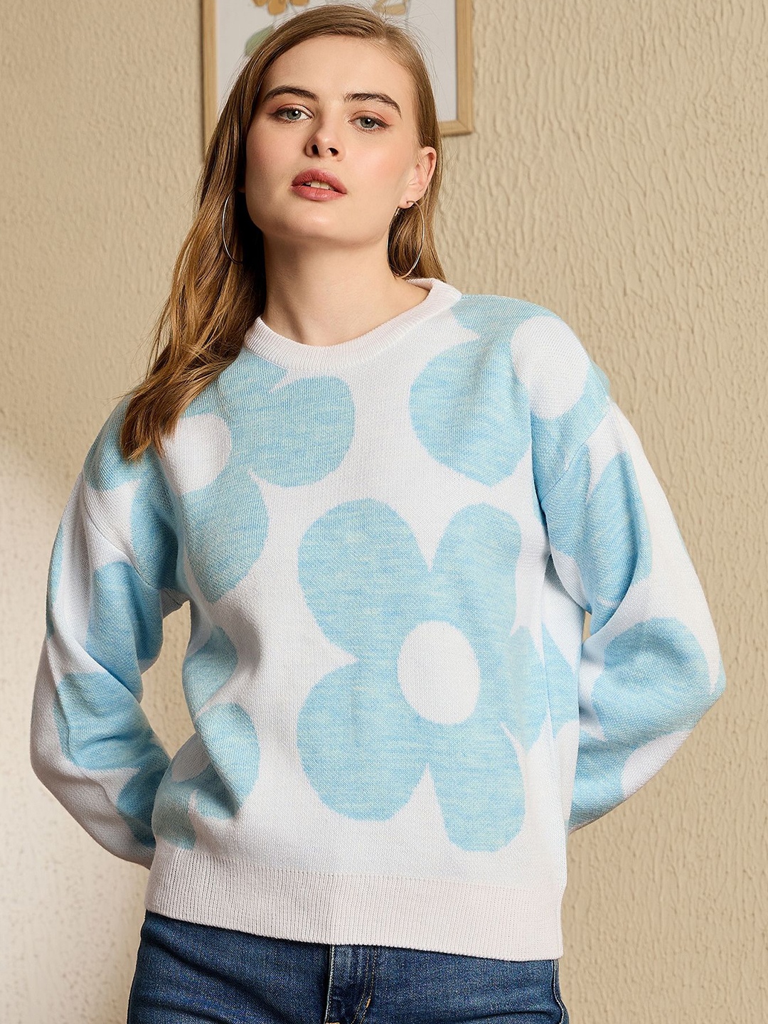 

Berrylush Women Floral Printed Pullover Sweaters, Blue