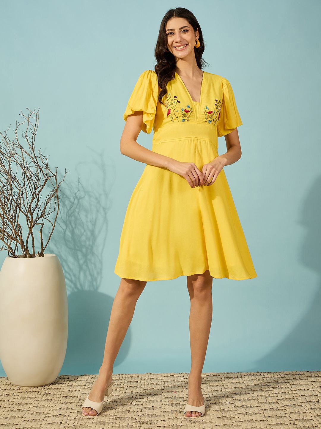 

The Kaftan Company Embellished Embroidered Puff Sleeve Linen Fit & Flare Dress, Yellow