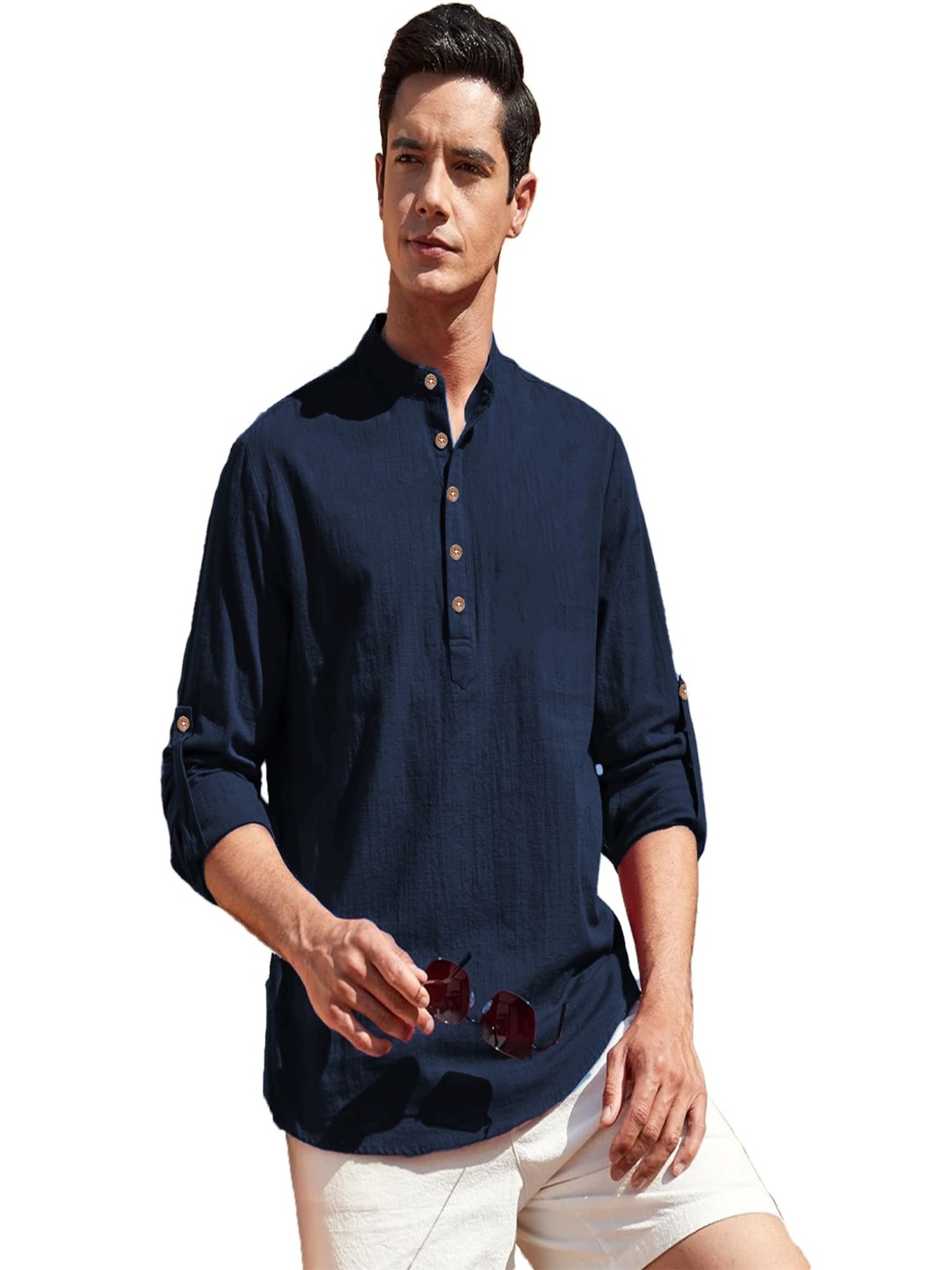 

EdinWolf Slim Fit Band Collar Pure Cotton Straight Short Kurta, Navy blue