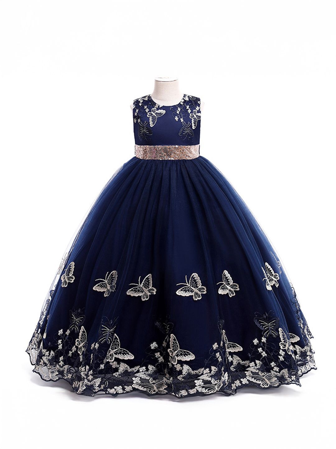 

Xsole Girls Butterfly Applique Embellished Gown Maxi Dress, Blue