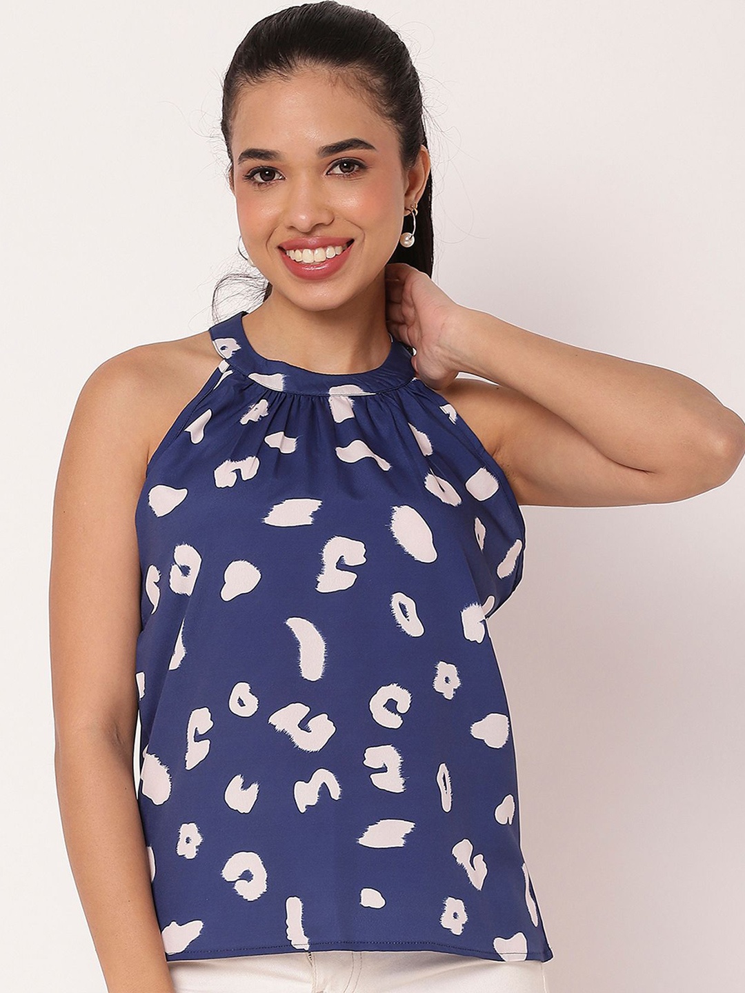 

Moomaya Printed Halter Neck Crepe Top, Blue