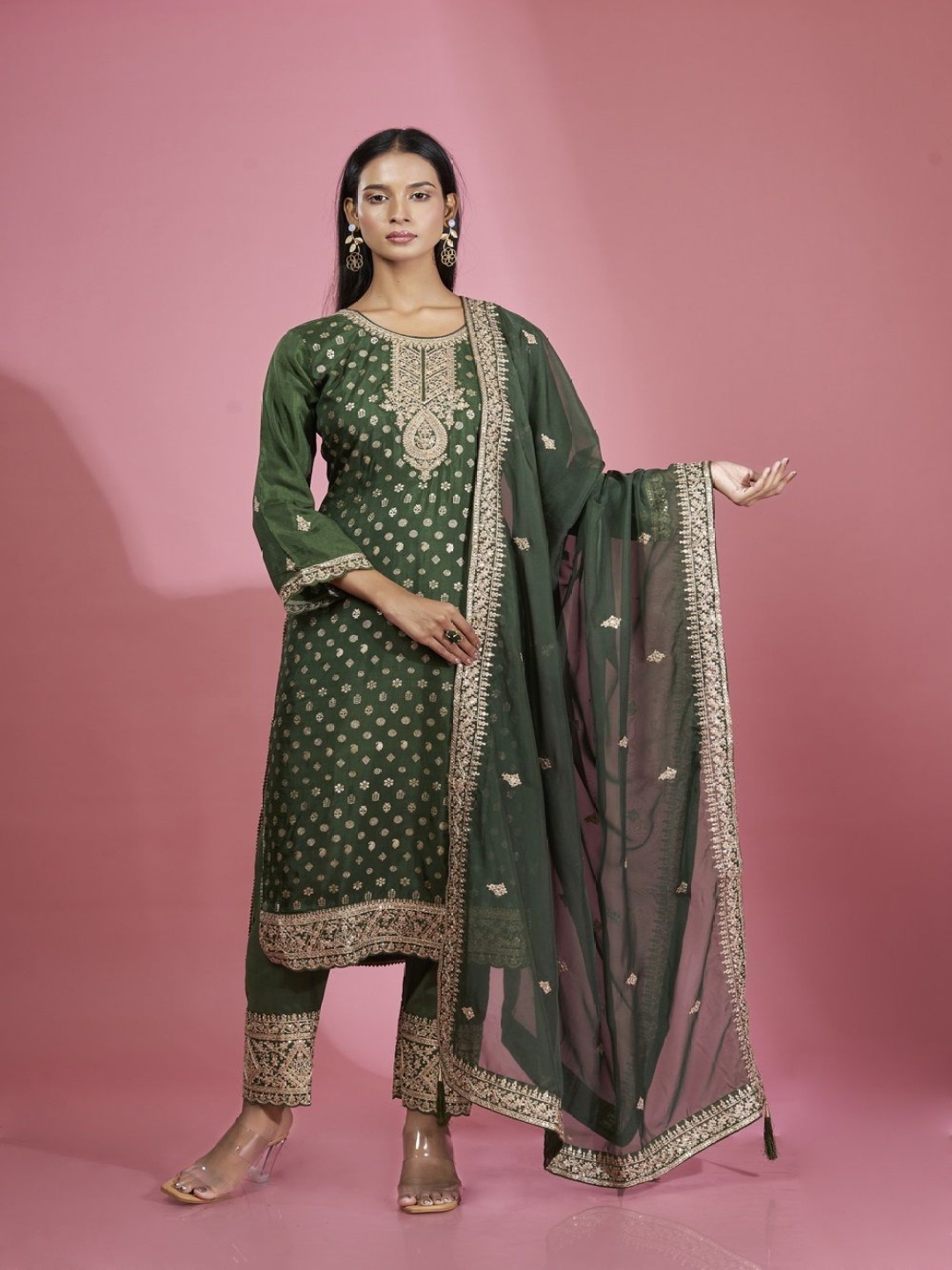 

ISHKIYA Floral Embroidered Sequnnied Straight Kurta With Trousers And Dupatta, Green