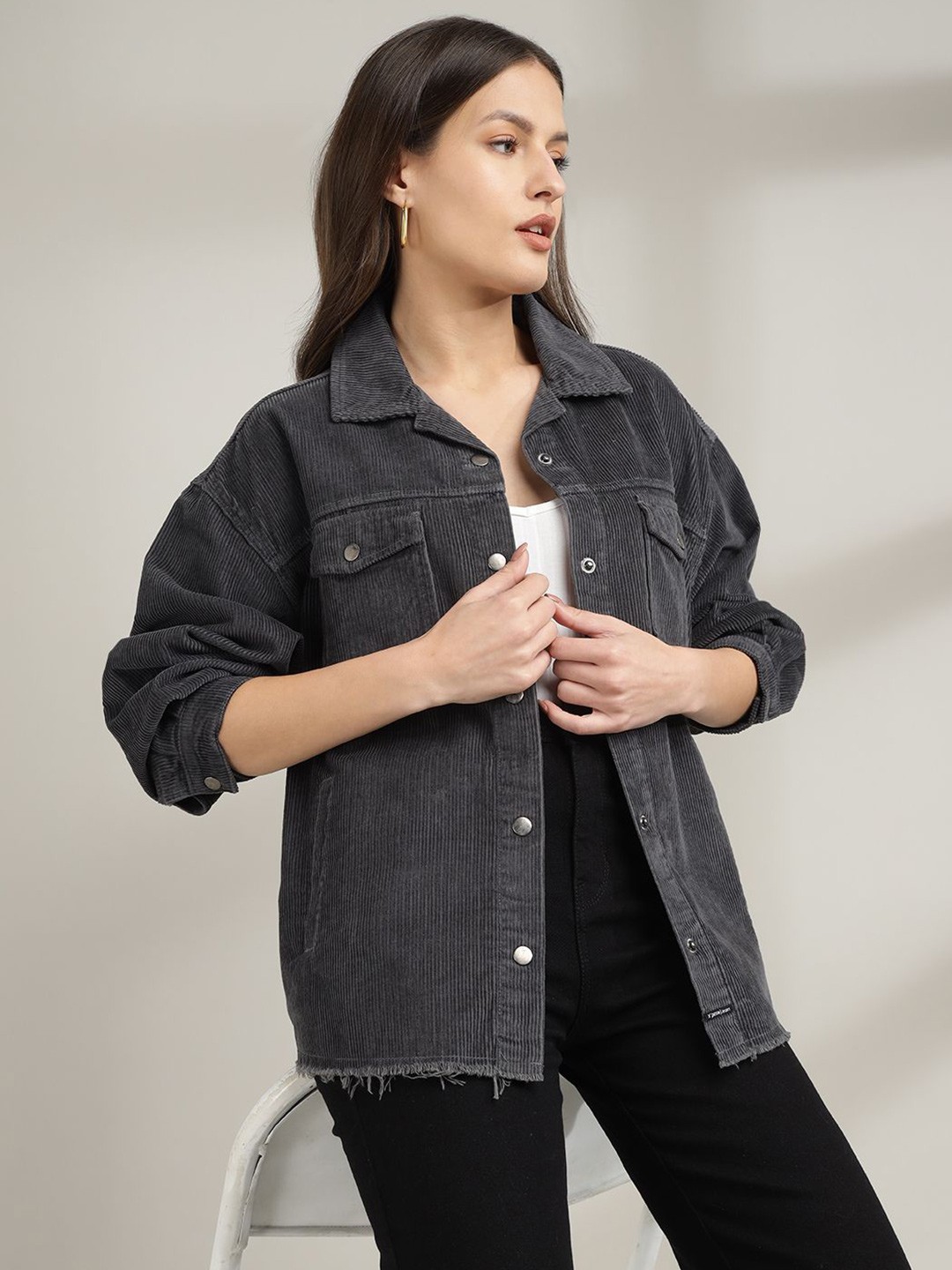 

Xpose Women Comfort Fit Cuban Collar Textured Corduroy Casual Shirt, Grey