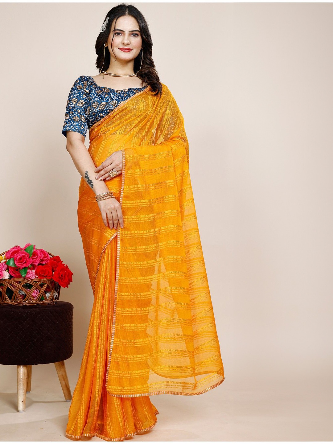 

K 5 Fashion Striped Embroidered Pure Chiffon Saree, Mustard