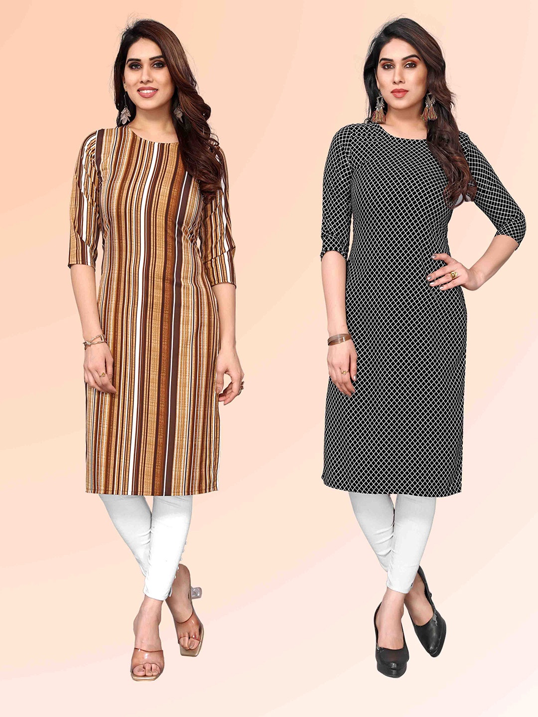 

KETAKI FASHION Selection Of 2 Striped Round Neck Straight Kurtas, Beige