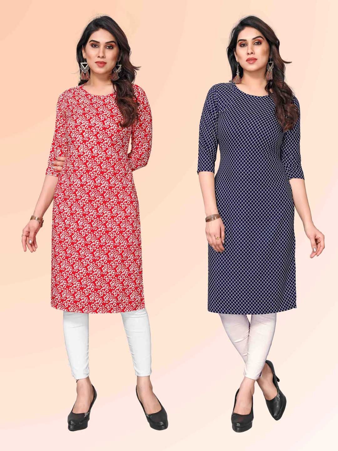 

KETAKI FASHION Selection Of 2 Floral Printed Straight Kurtas, Red