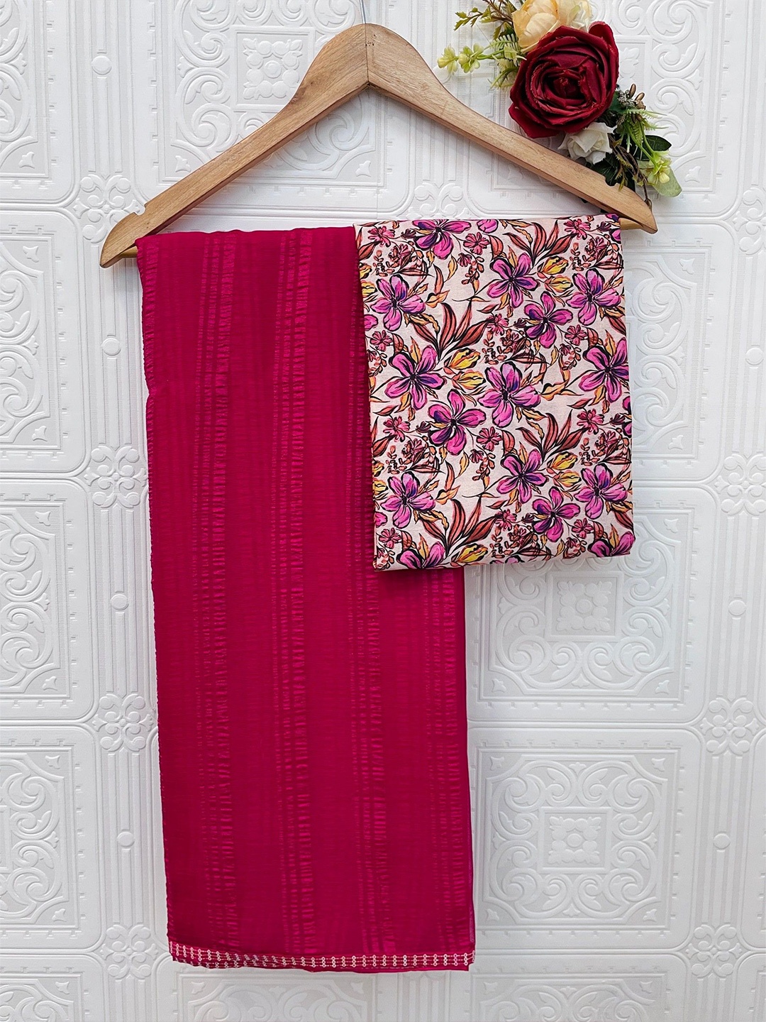 

K 5 Fashion Striped Embroidered Pure Chiffon Saree, Magenta