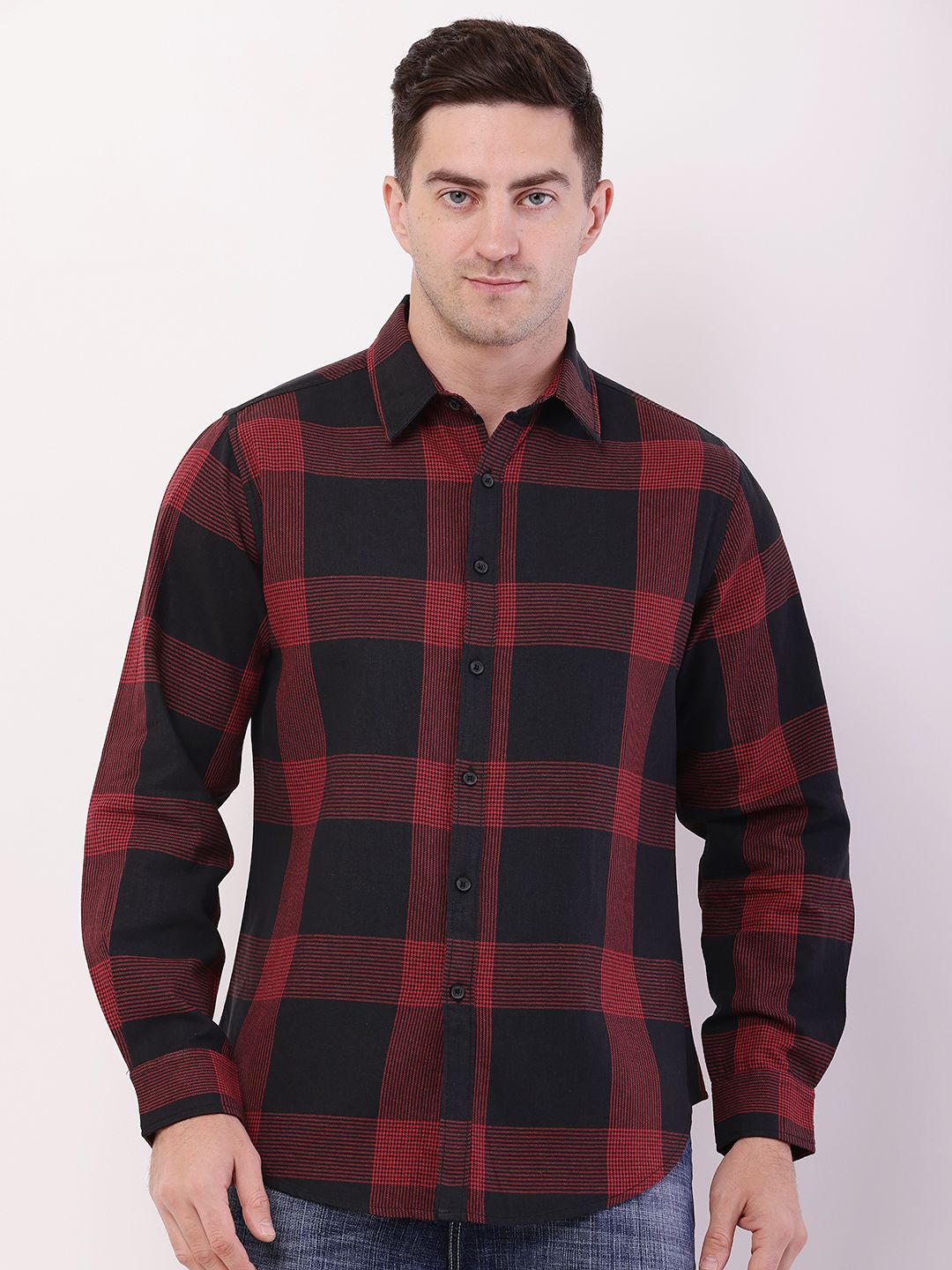 

HERE&NOW Men Comfort Fit Spread Collar Tartan Checked Cotton Casual Shirt, Red