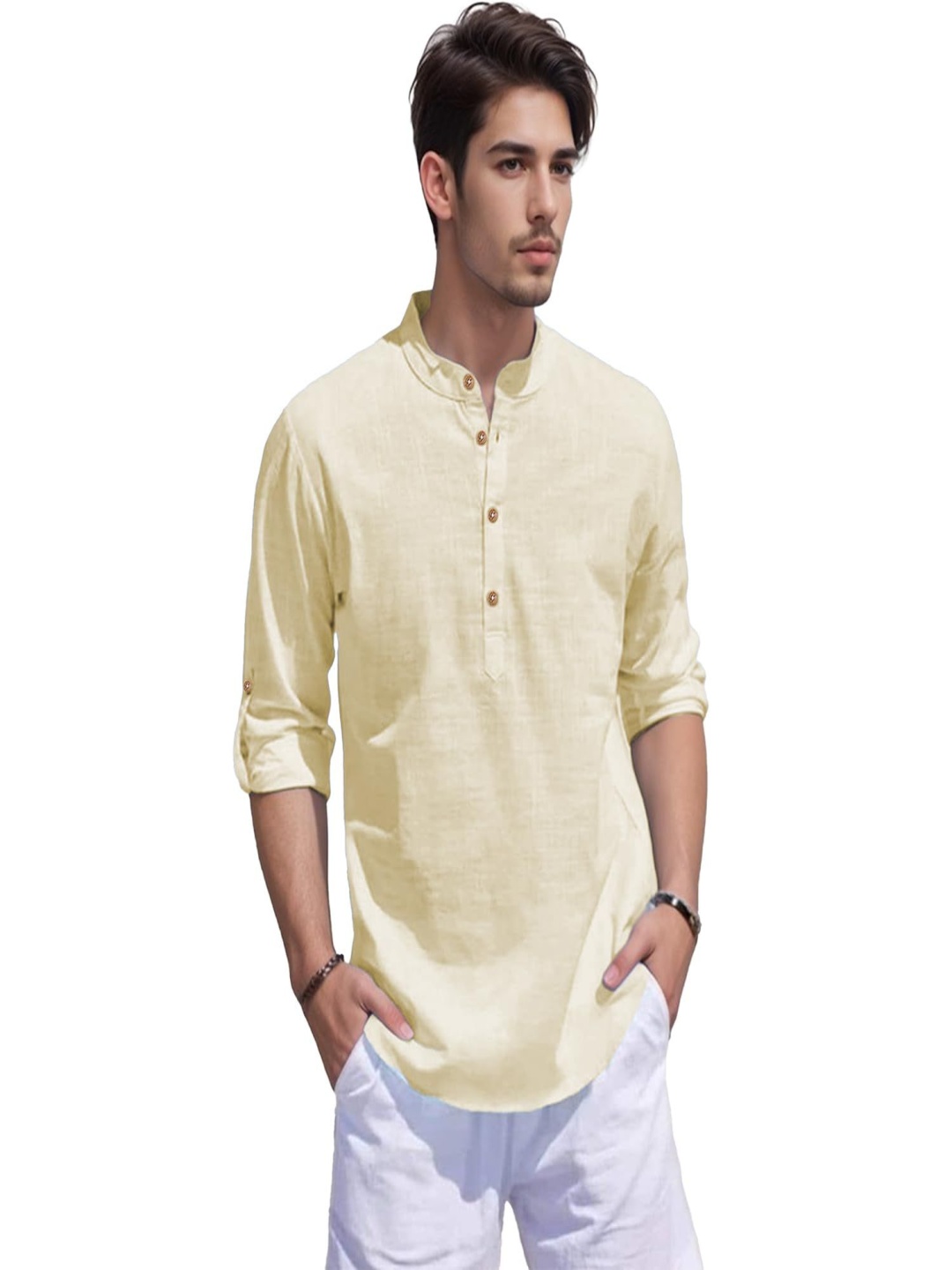 

EdinWolf Band Collar Roll-Up Sleeves Pure Cotton Slim Fit Straight Short Kurta, Beige