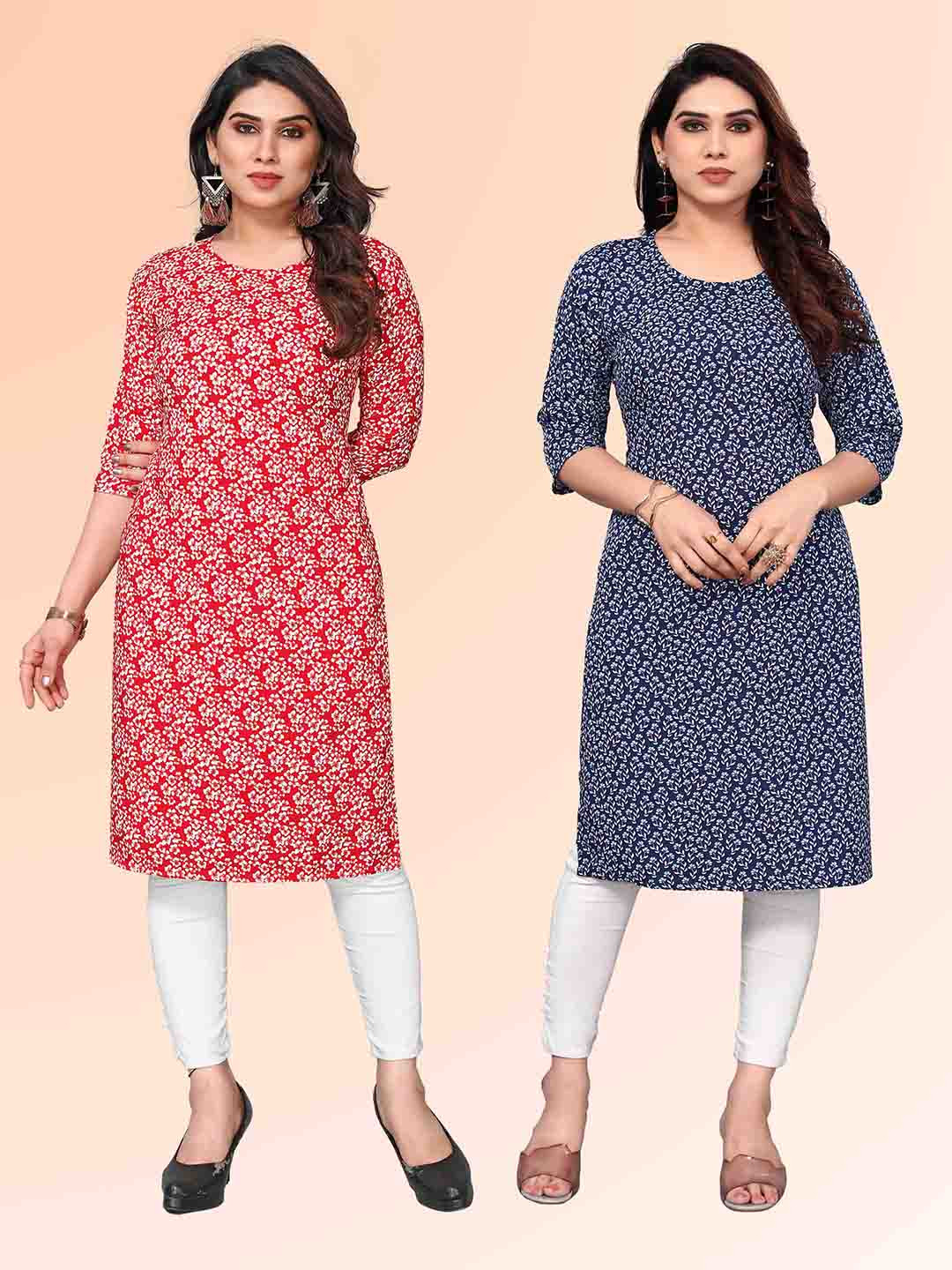 

KETAKI FASHION Selection Of 2 Floral Printed Round Neck Straight Kurtas, Red